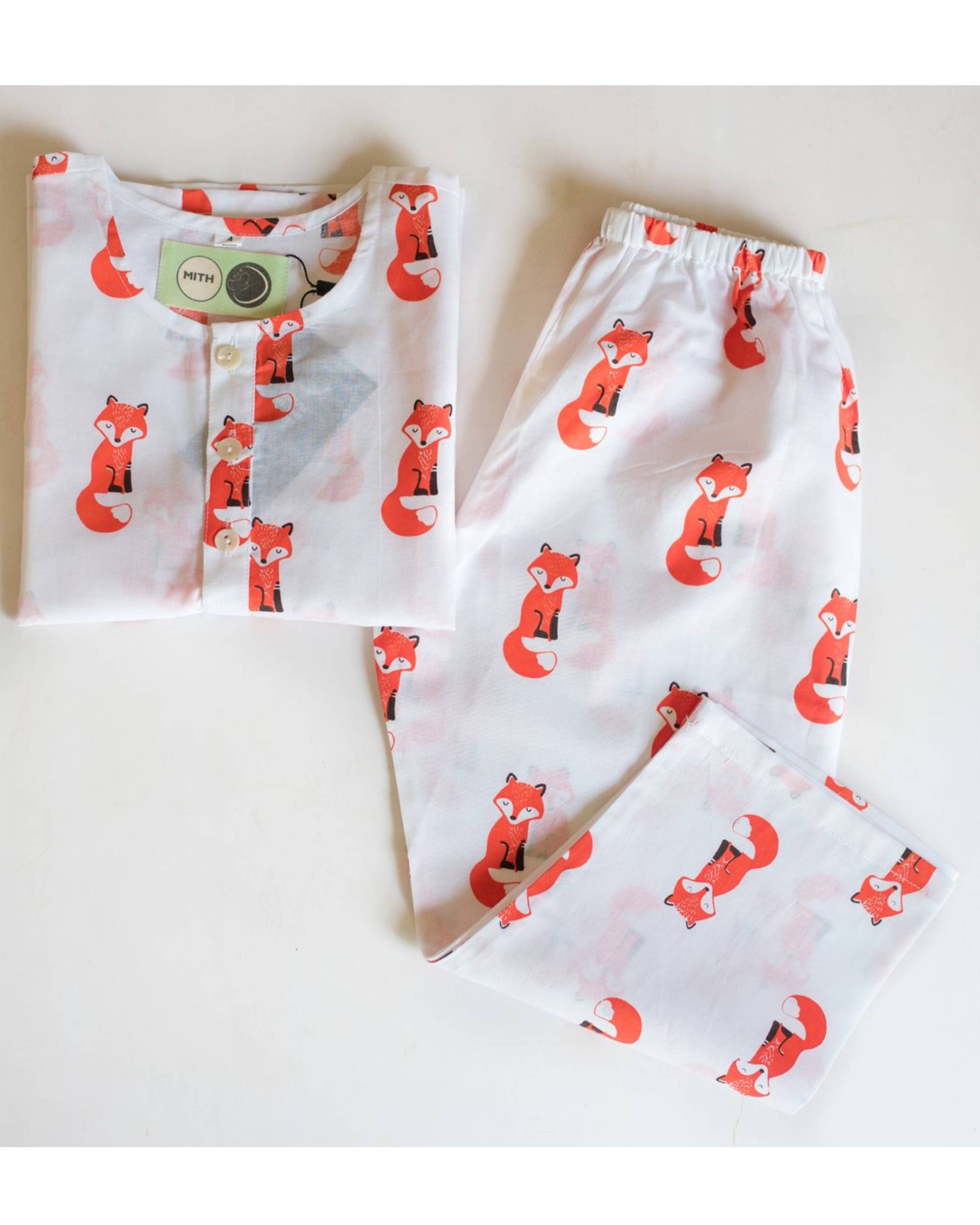 White and pink fox printed unisex night suit - set of two