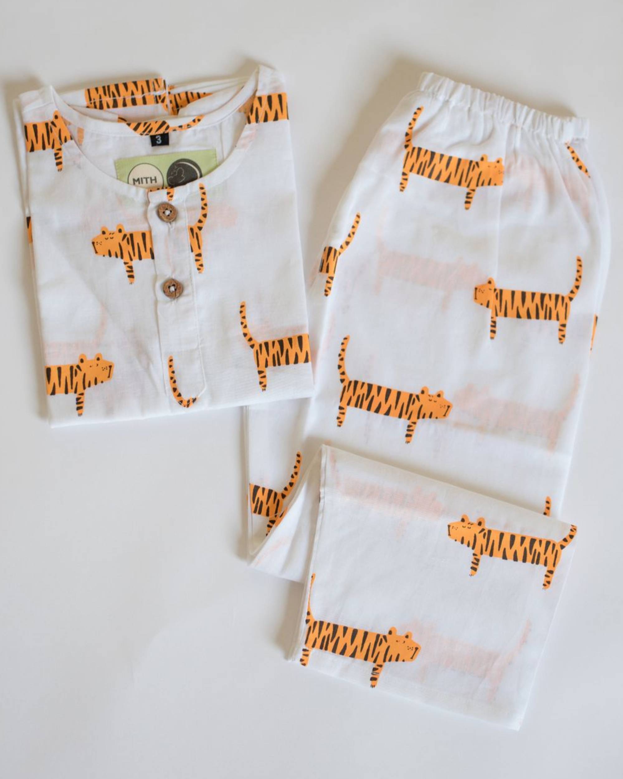 White and orange tiger printed unisex night suit - set of two