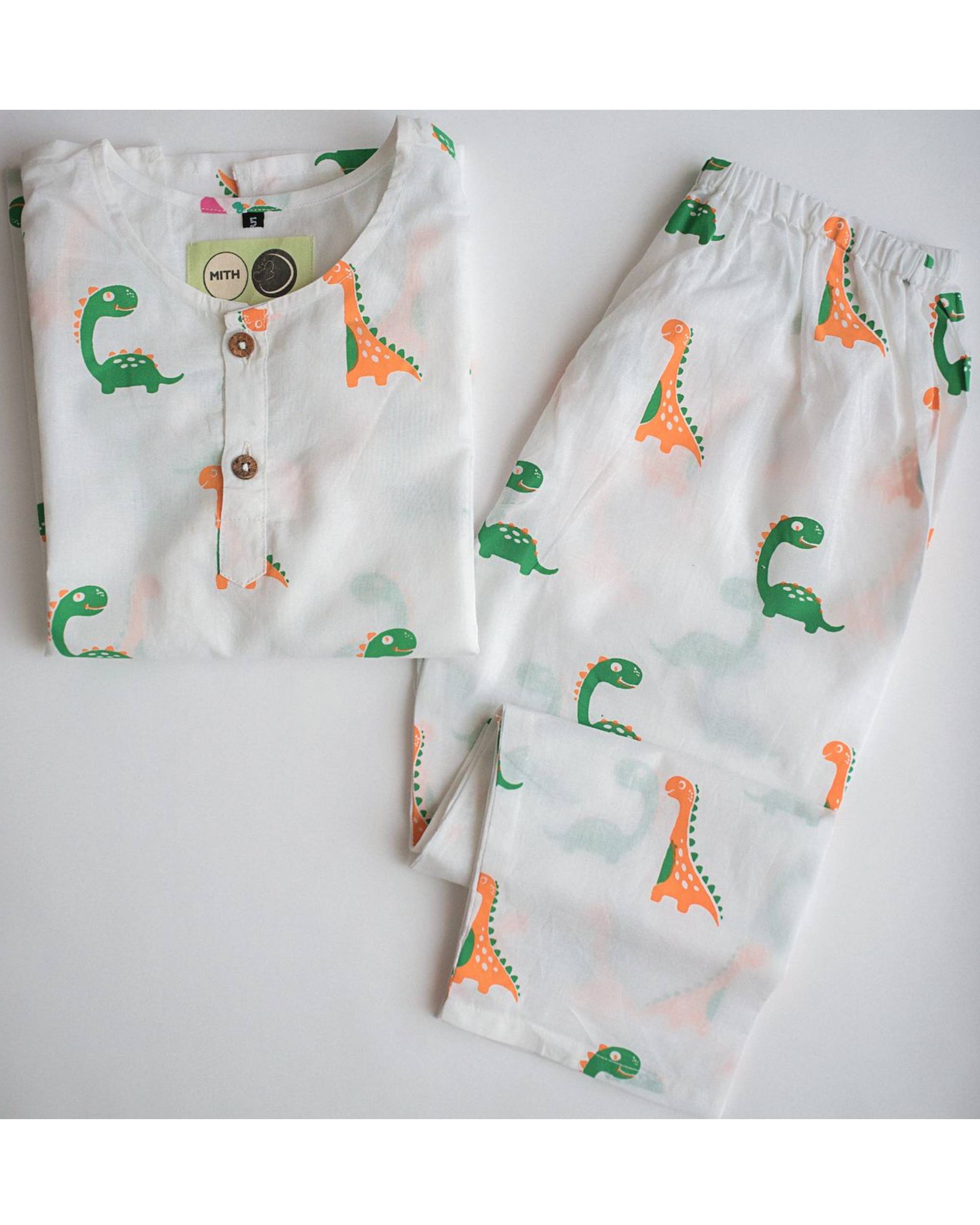 White and multicolor dino printed unisex night suit - set of two