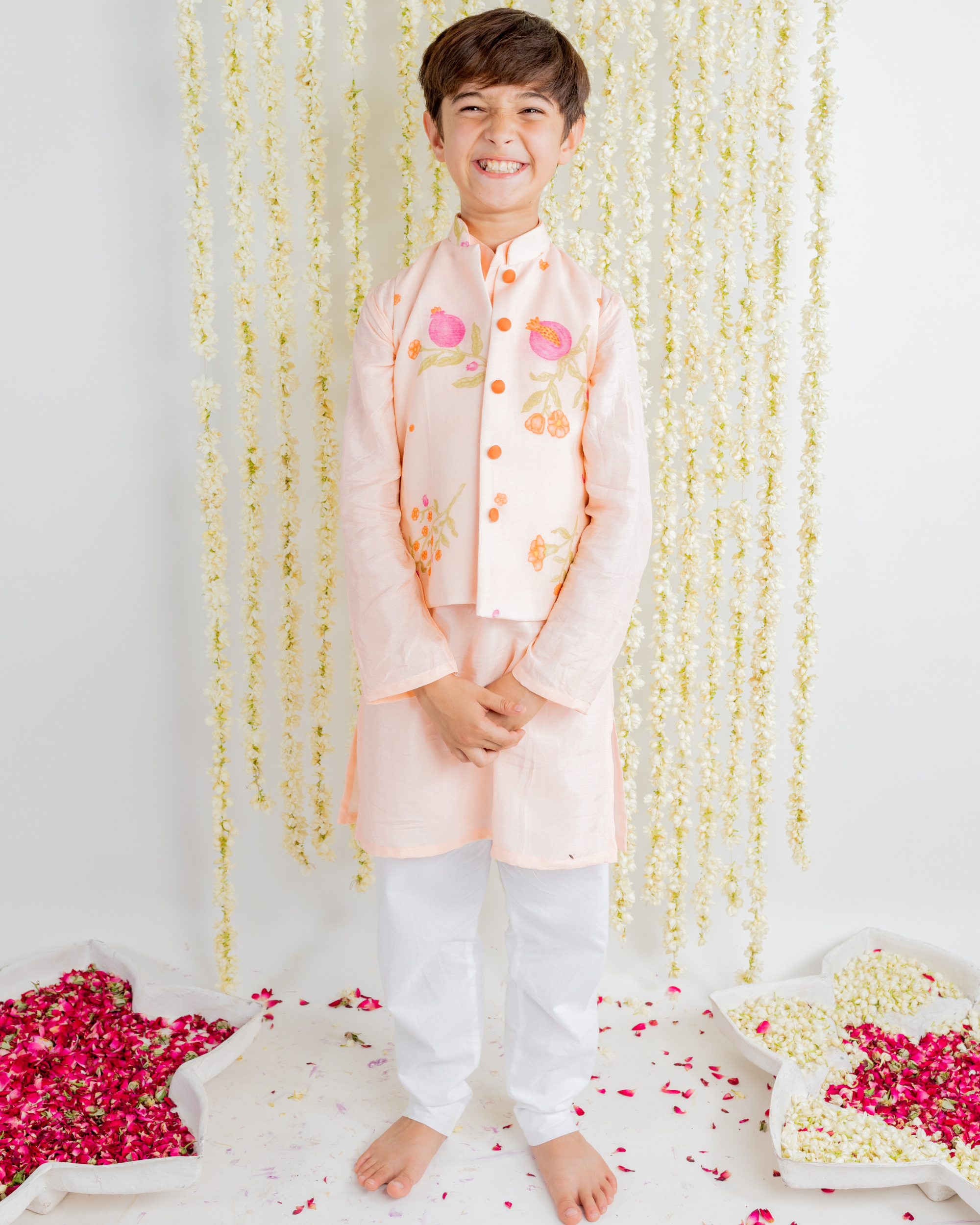 Peach kurta pajama set with anar printed jacket - set of three