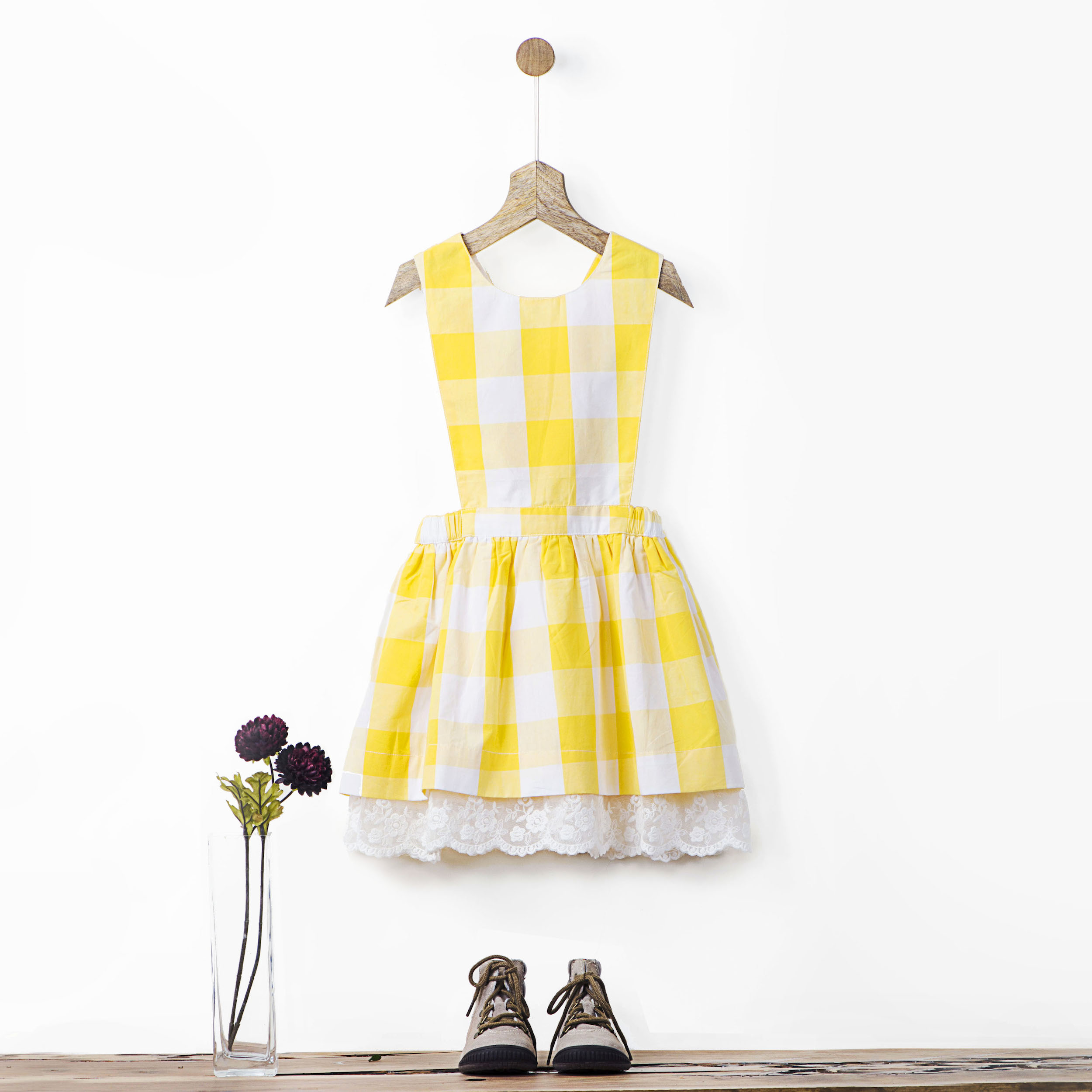 Yellow gingham checks pinafore with lace hem by Pluie Kids | The Secret ...