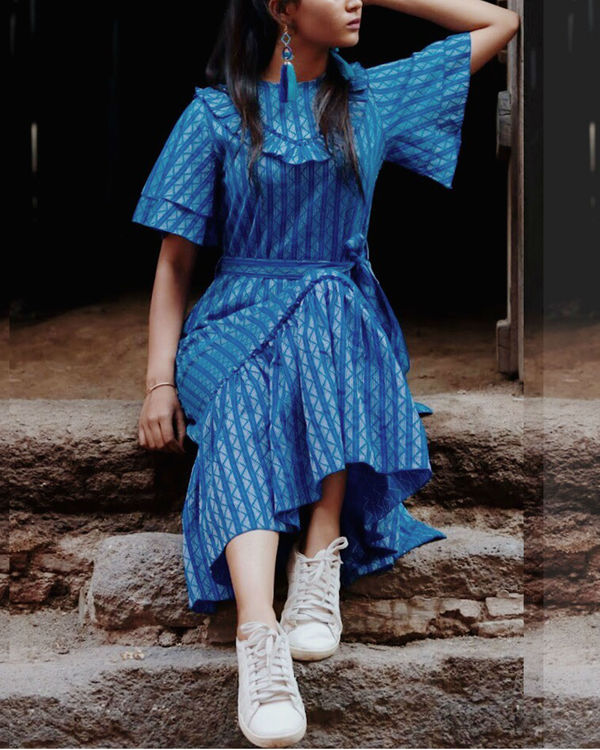 Blue frilled tie up dress 1