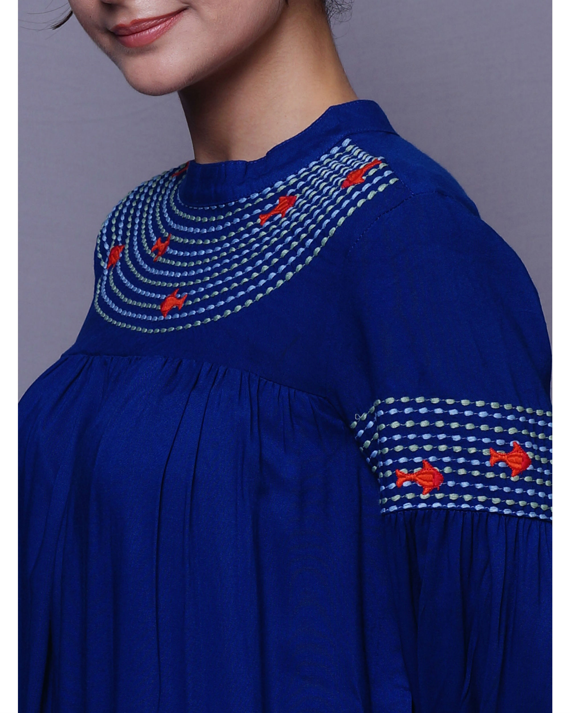 Blue gathered embroidered dress by UNTUNG The Secret Label