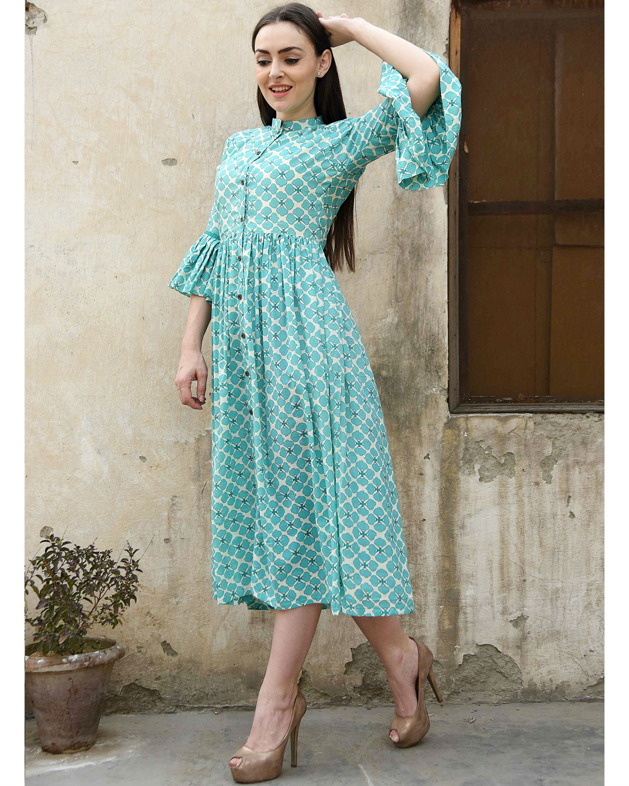 Turquoise bell sleeves dress by Desi Doree | The Secret Label