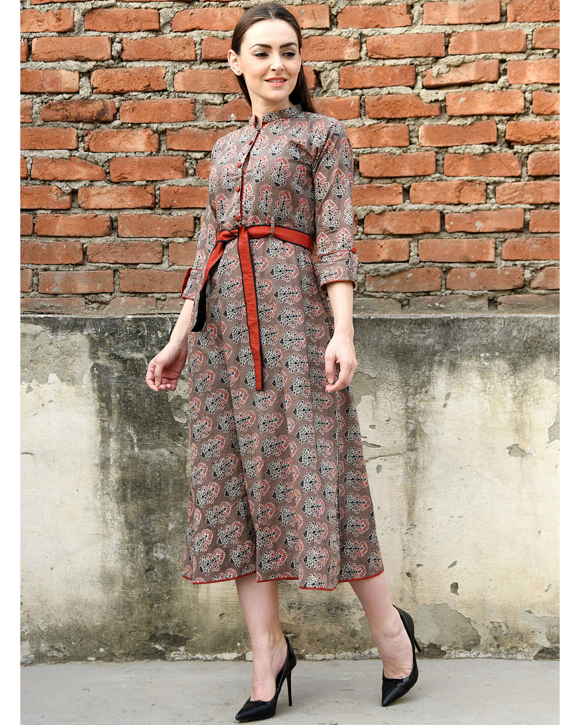 Coffee brown and red belt dress by Desi Doree | The Secret Label