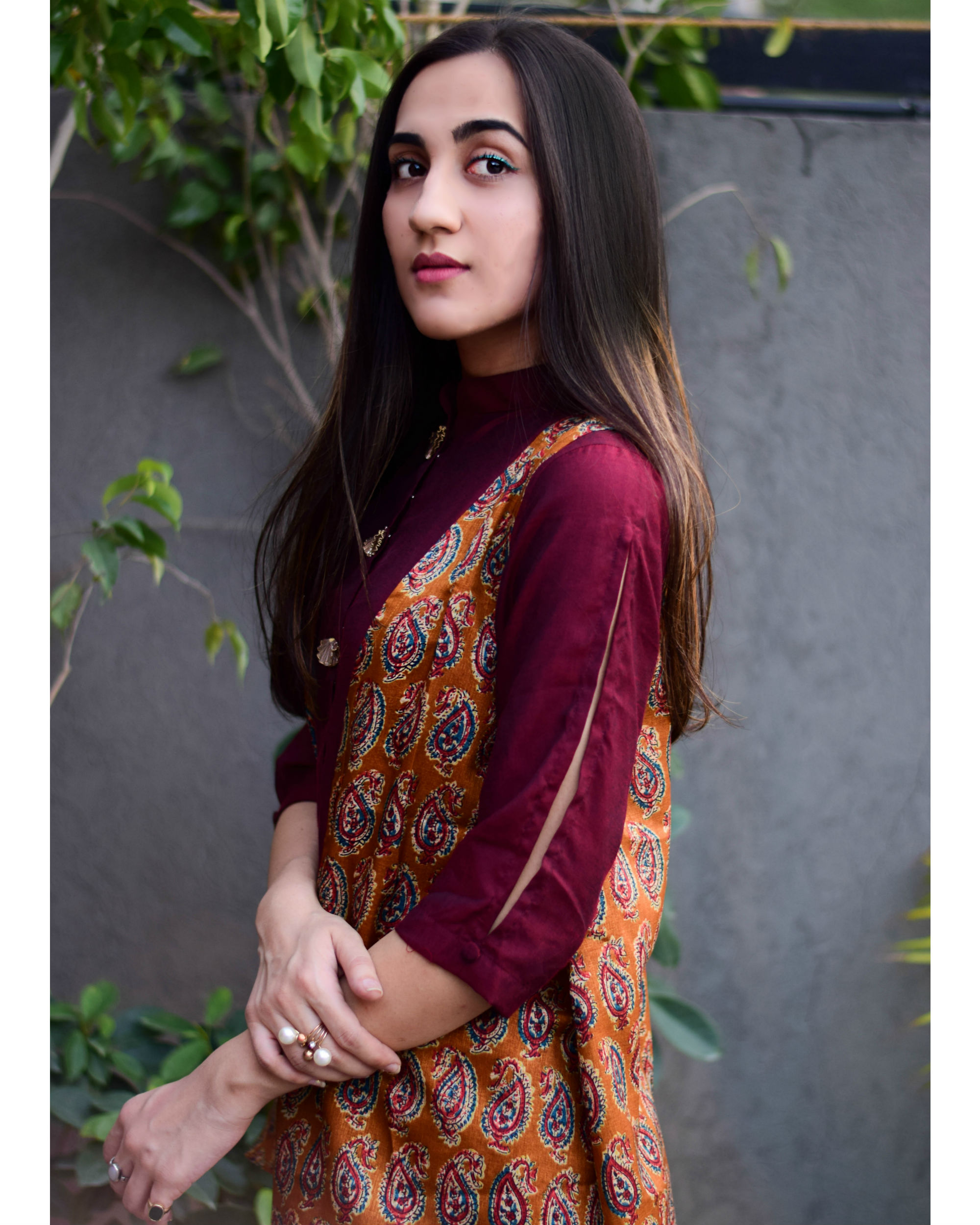 Wine dhoti jumpsuit with jacket by Kaaj | The Secret Label