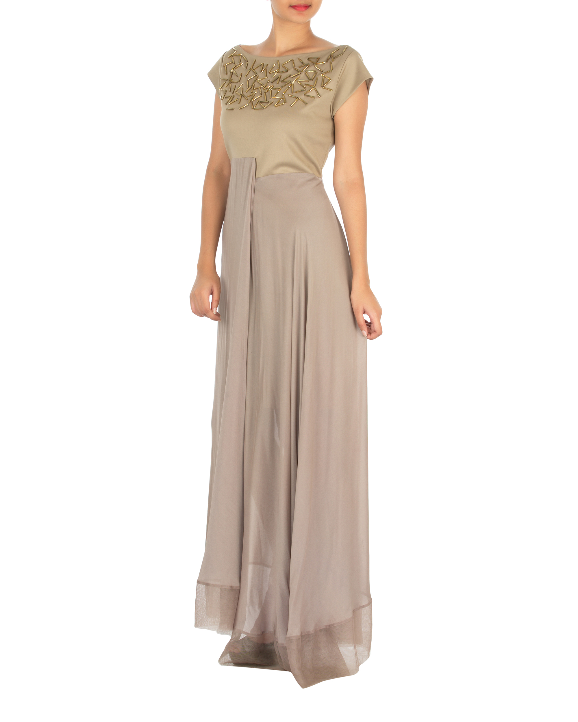 Three panelled beige gown by Megha Garg | The Secret Label