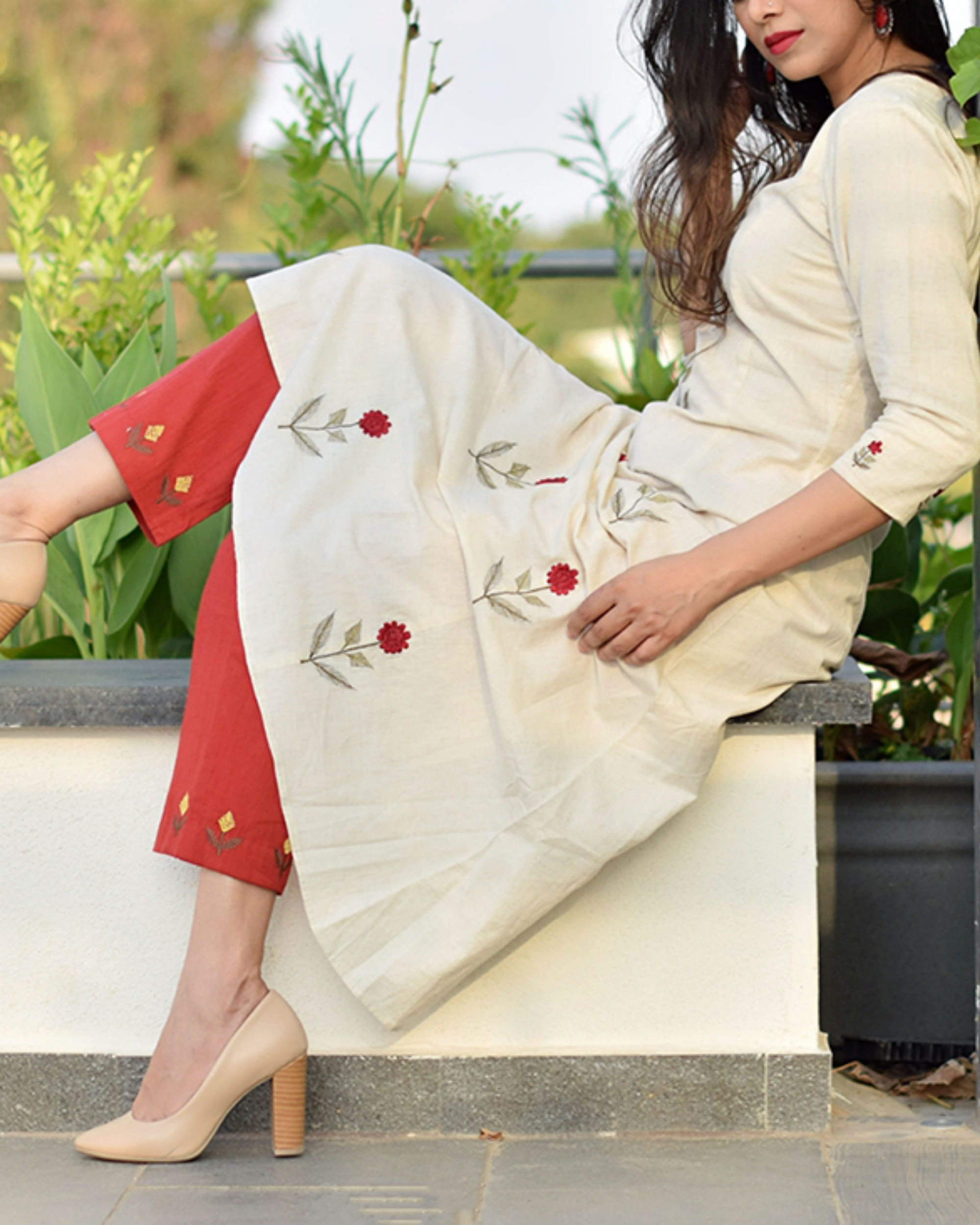 Ivory Mogra Embroidered A Line Kurta And Pant Set By Purple Panchi The 5492