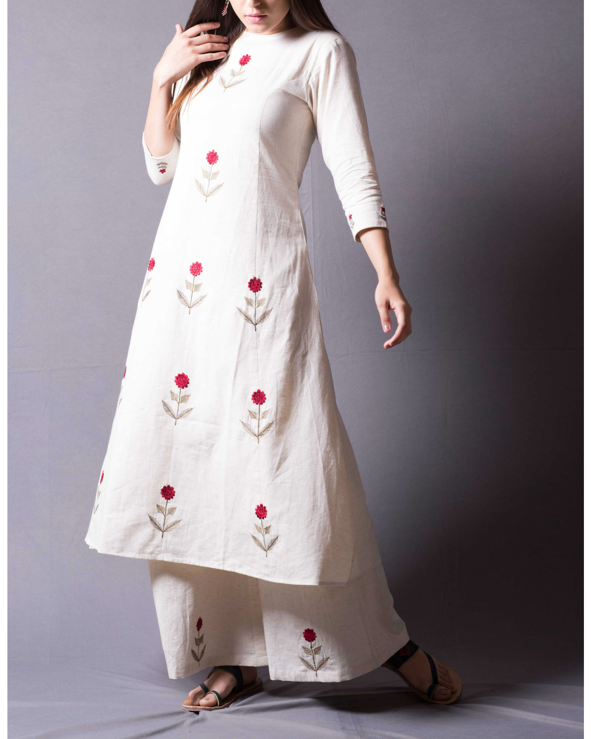 Ivory Mogra Embroidered A Line Kurta And Palazzo Set By Purple Panchi 5382