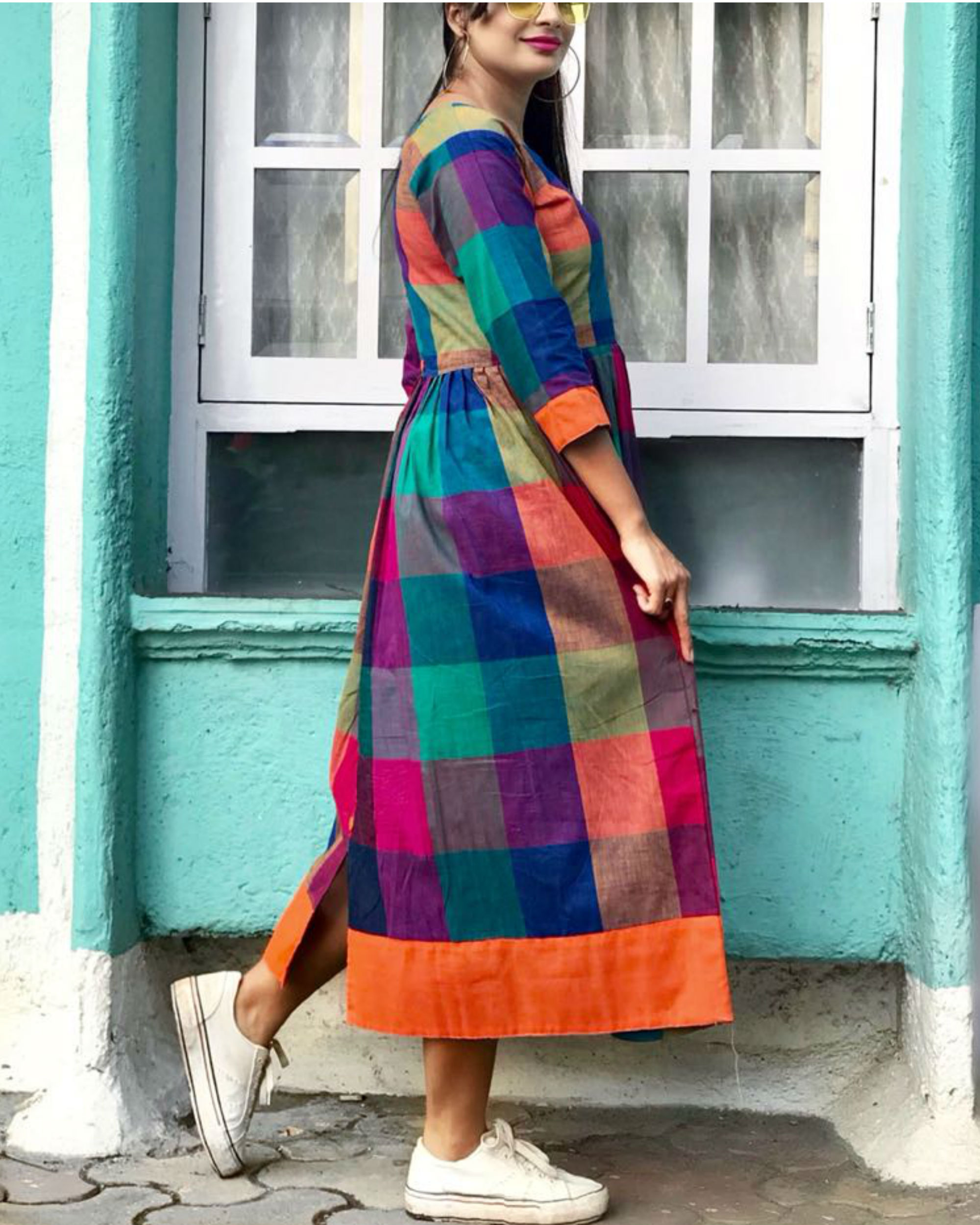 Multicoloured checks dress by Fashion Floor India | The Secret Label