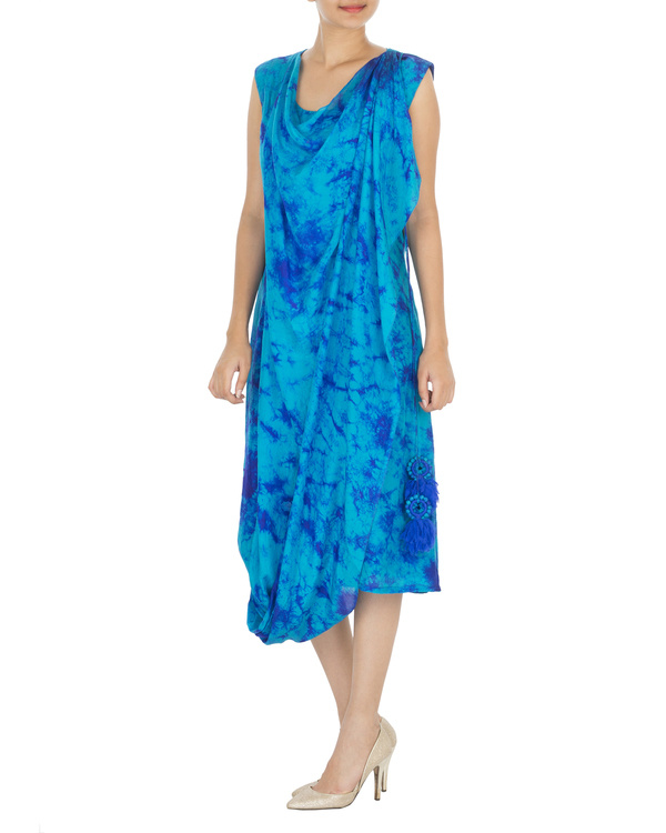 Blue tie and dye draped dress by Lotus Sutr | The Secret Label