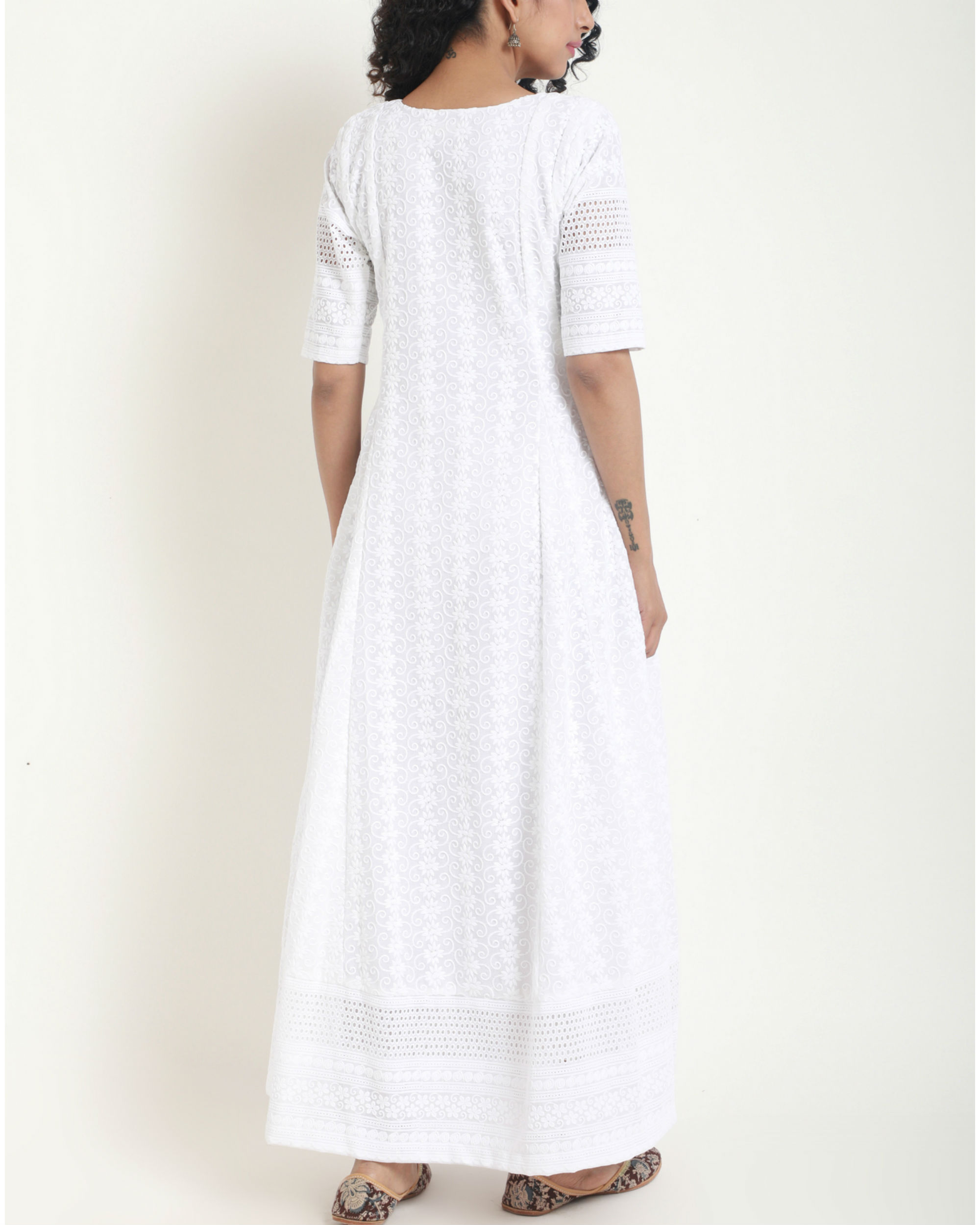 White chikan bordered flare dress by trueBrowns | The Secret Label