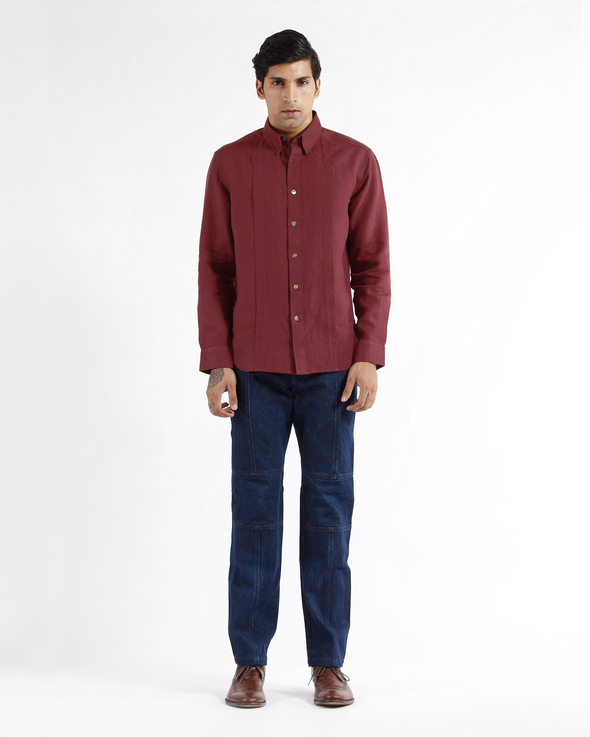 Maroon linen pleated dress shirt by Dhatu Design Studio | The Secret Label