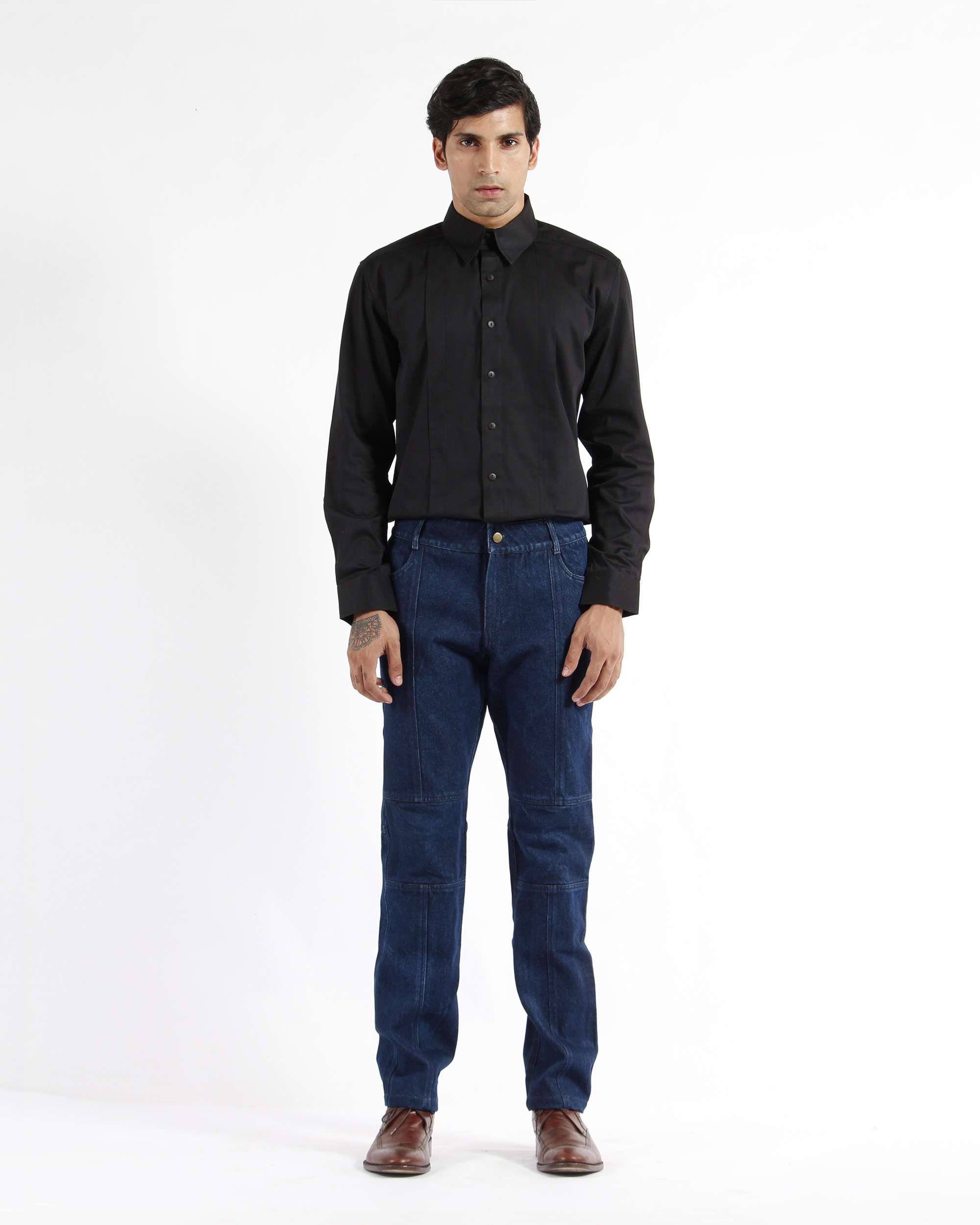 Black cotton satin pleated shirt by Dhatu Design Studio | The Secret Label