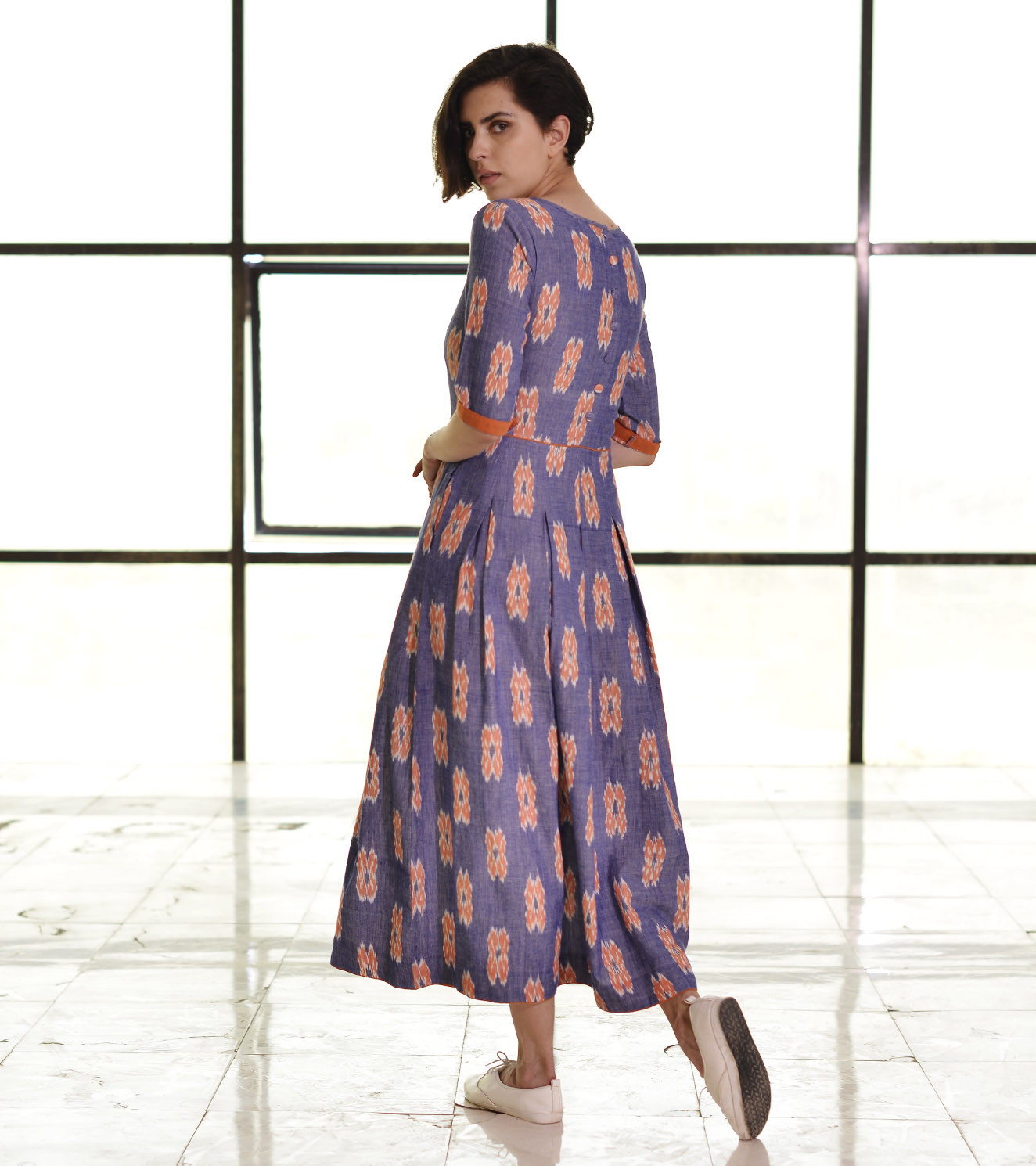 Indigo and tangerine box pleat maxi by Khara Kapas | The Secret Label