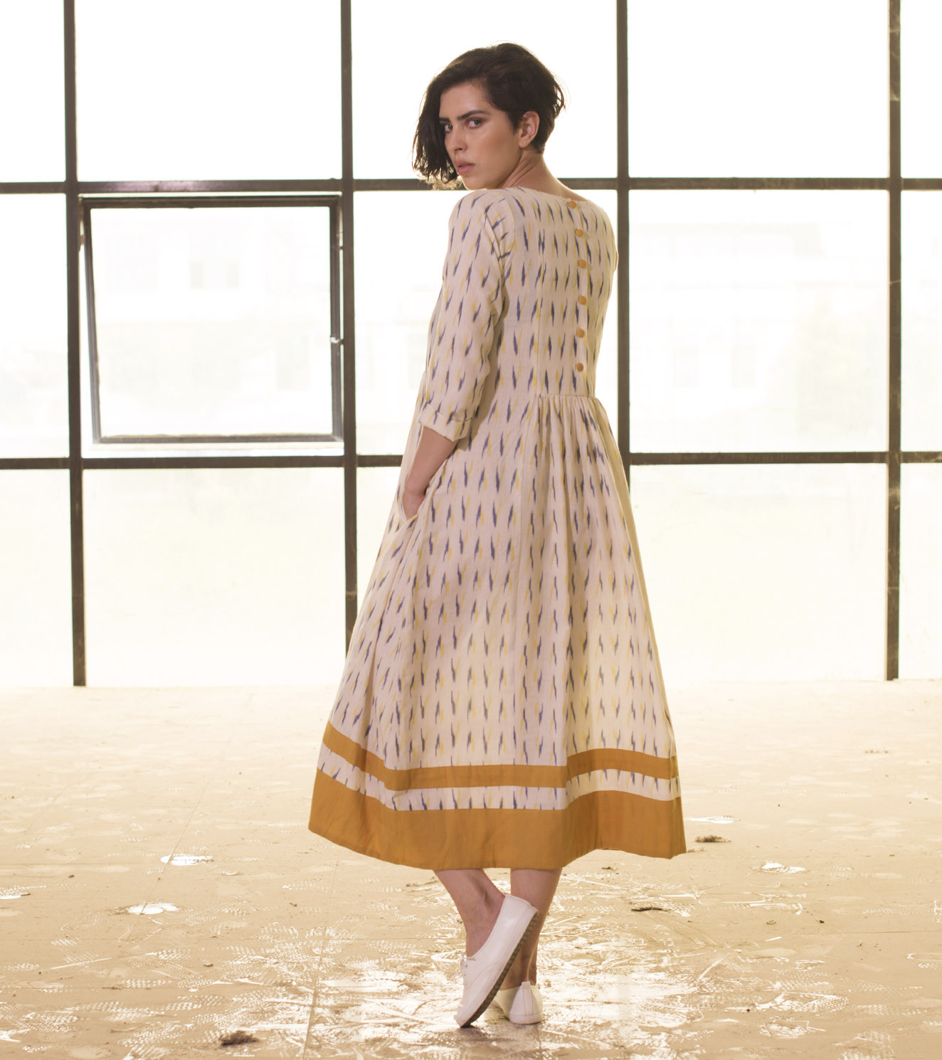 Ivory and mustard ikat frock by Khara Kapas The Secret Label