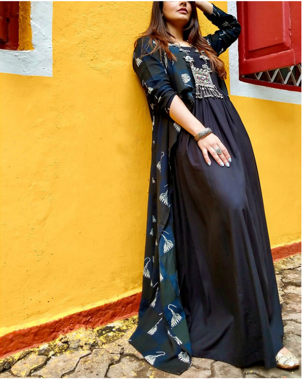 Black waterfall jacket with maxi set by Rivaaj | The Secret Label