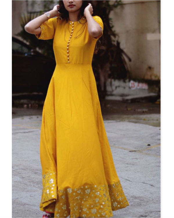 Golden yellow embroidered dress by Tie & Dye Tale The Secret Label