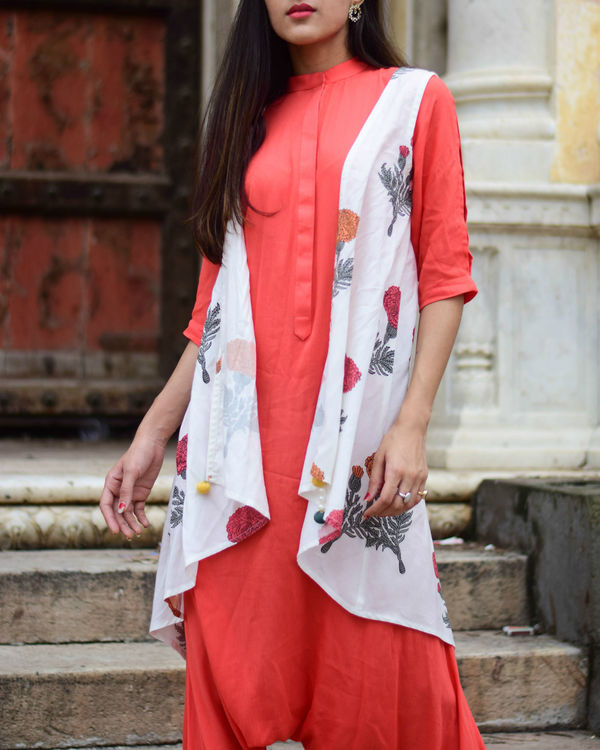 Coral jumpsuit with floral jacket 1
