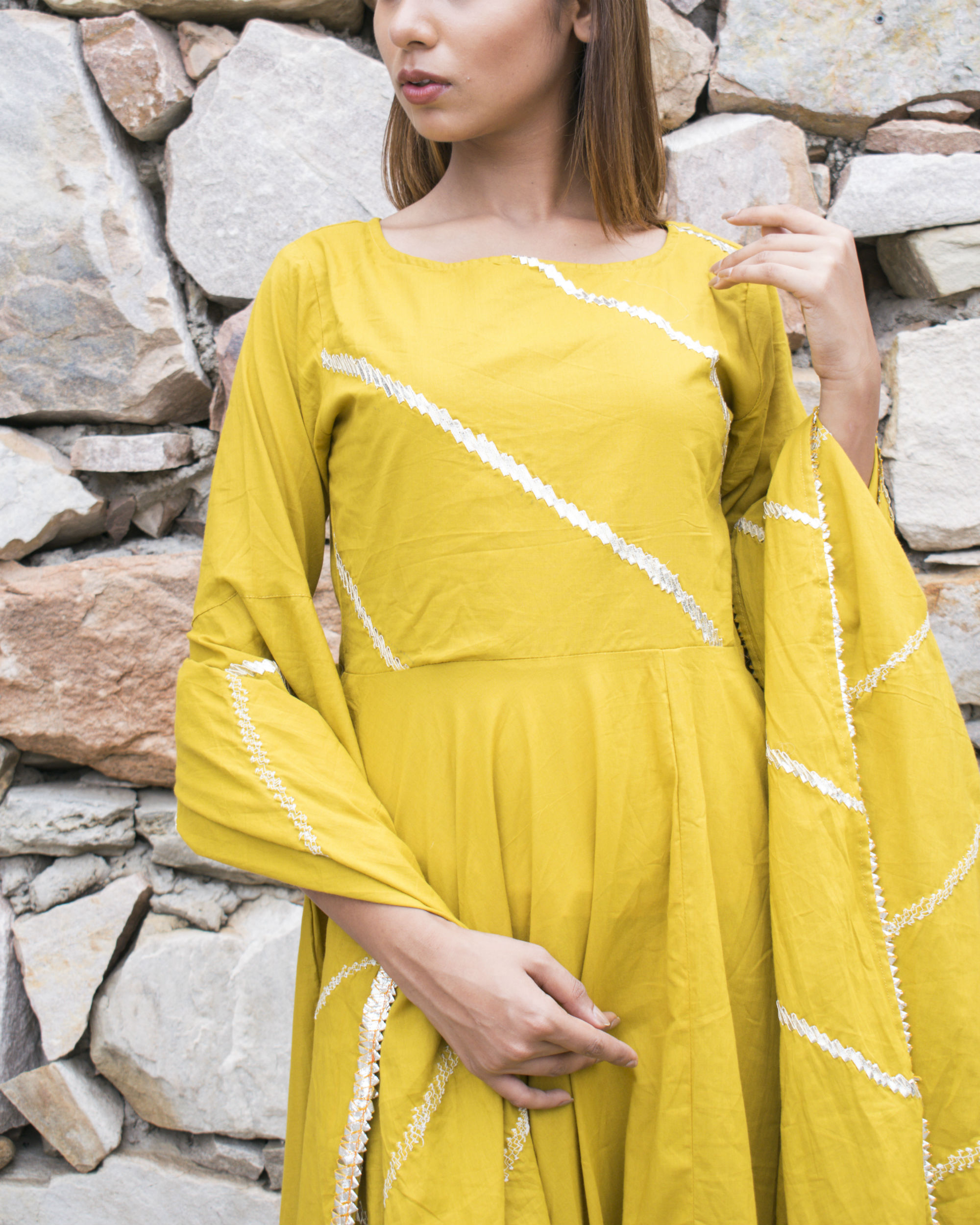 Yellow gota suit set with dupatta by Chokhi Bandhani | The Secret Label