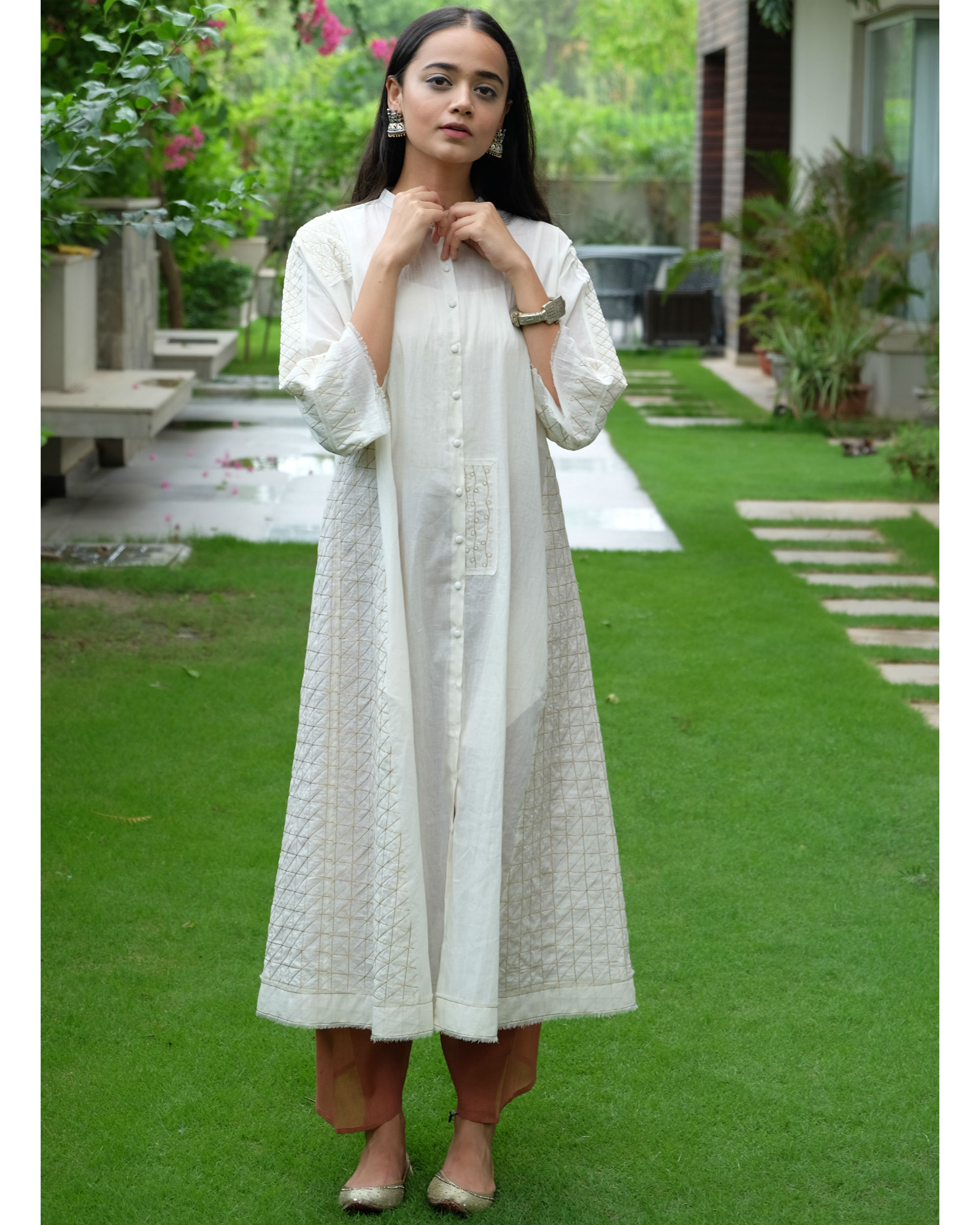 White zari quilt kali Tunic by RAIMAN | The Secret Label