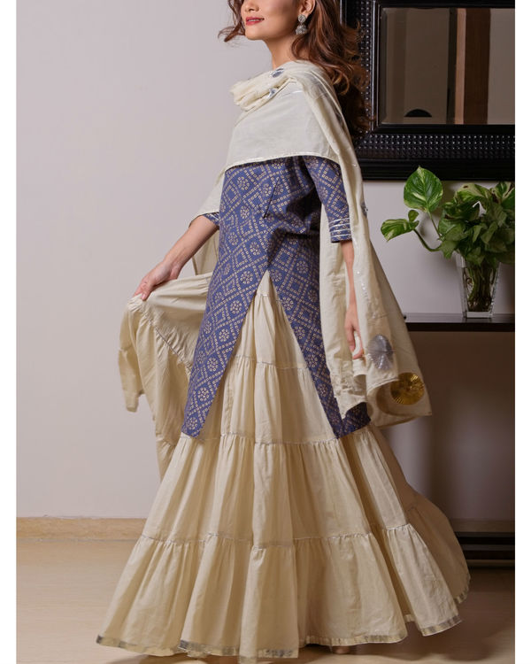 Indigo gold kurta skirt set with dupatta 1