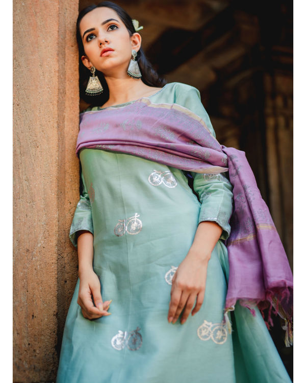 Mint green printed set with dupatta by Purple Panchi The Secret Label