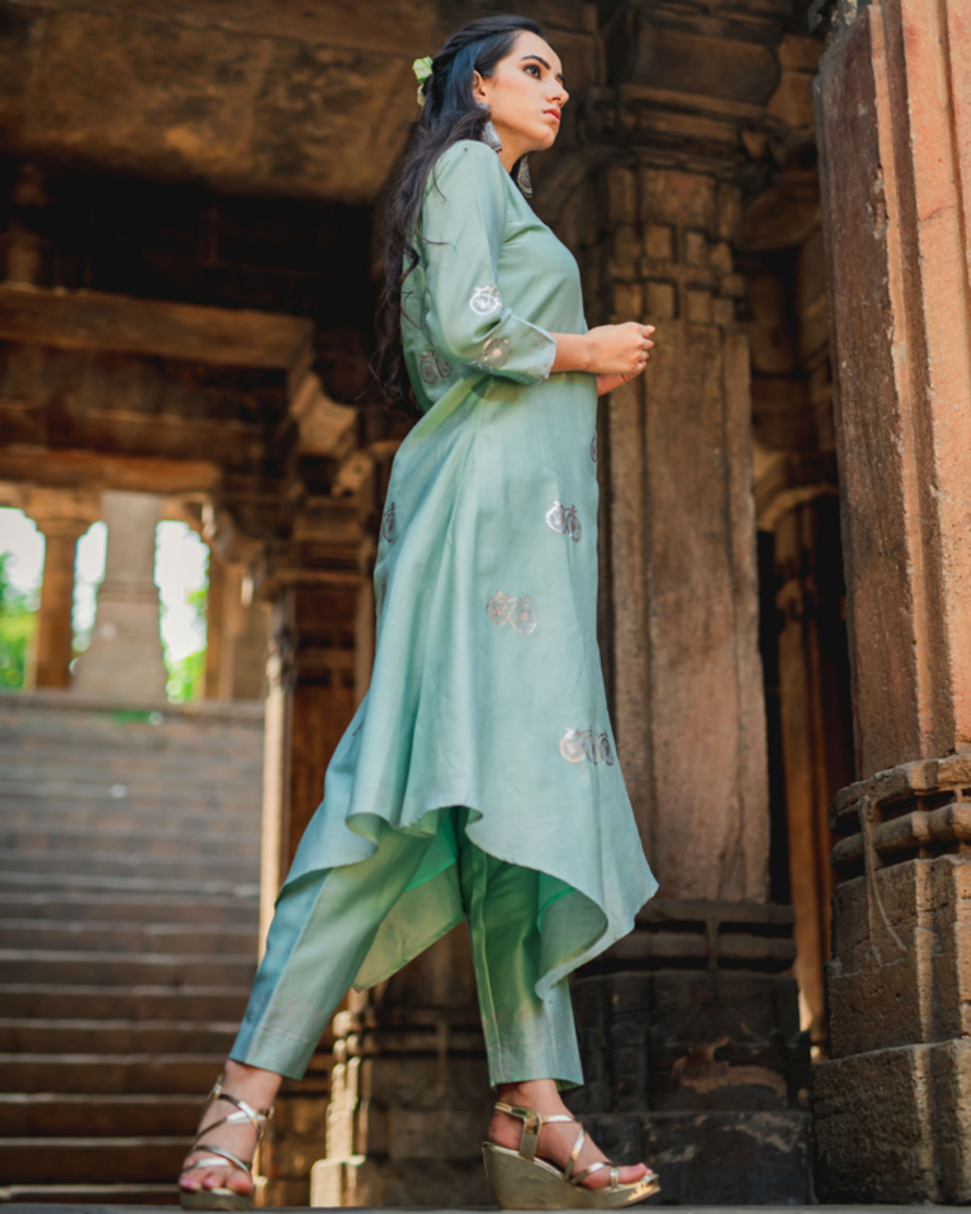 Mint green printed kurta pant set by Purple Panchi The Secret Label