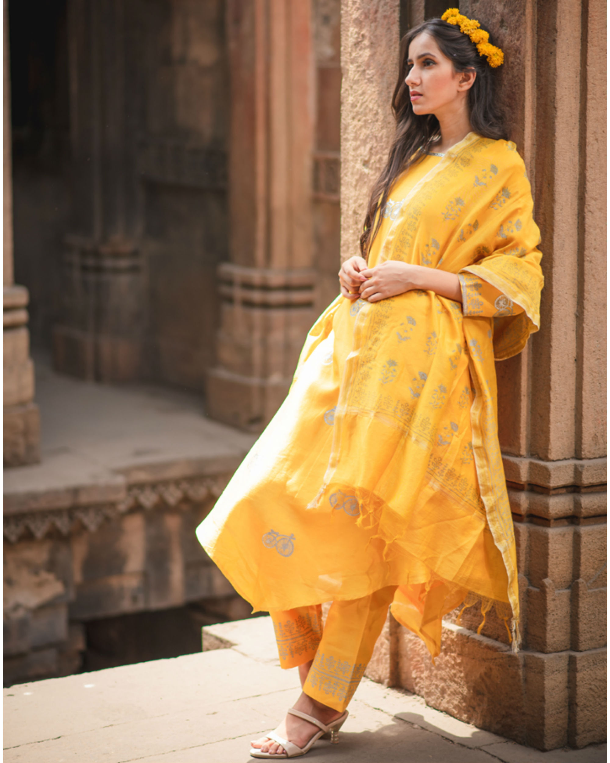 Mustard printed kurta set with dupatta by Purple Panchi The Secret Label