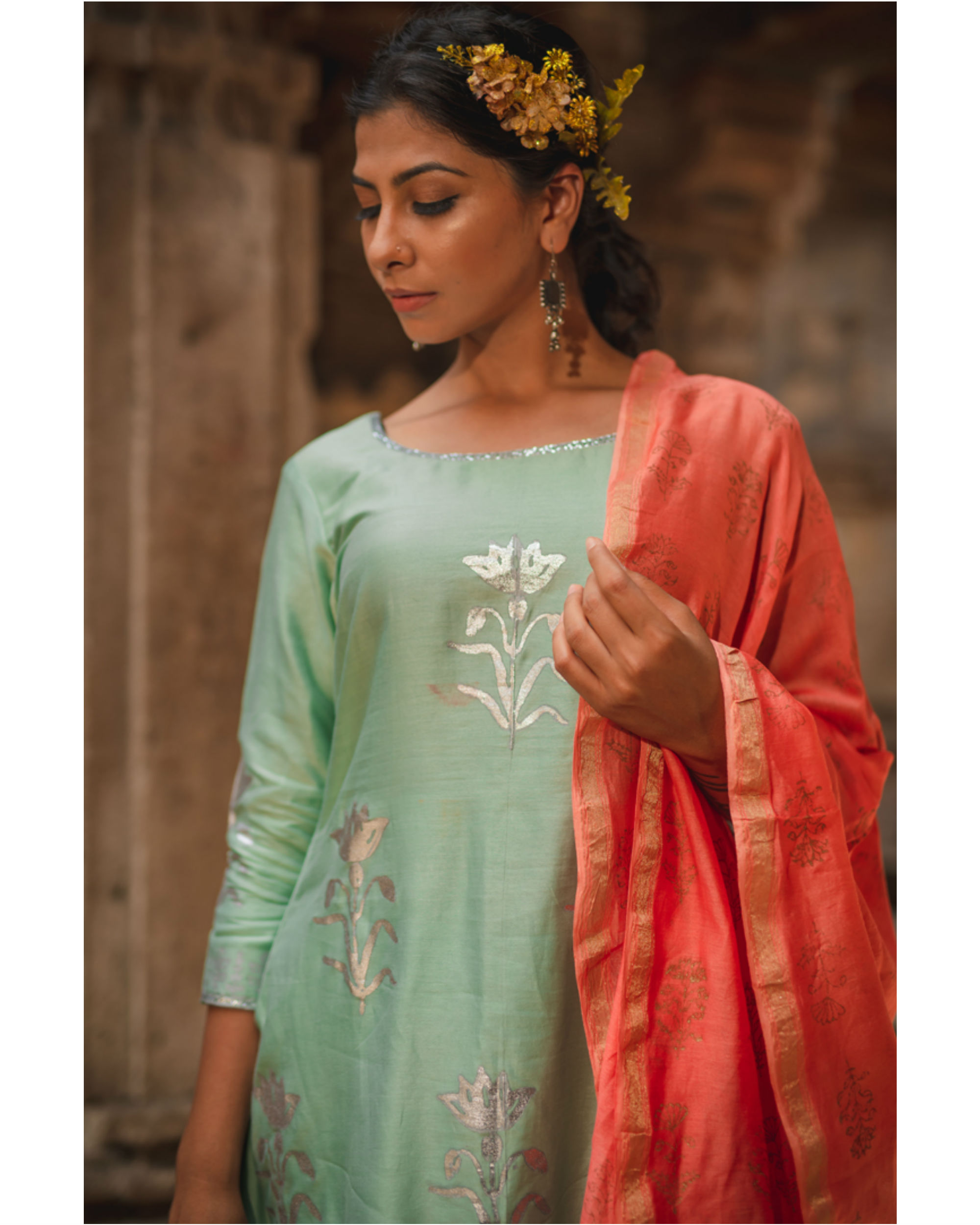 Mint green floral set with dupatta by Purple Panchi The Secret Label