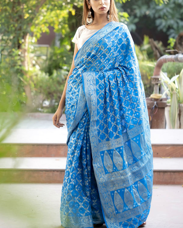 Blue art silk sari with blouse by Rangpur | The Secret Label