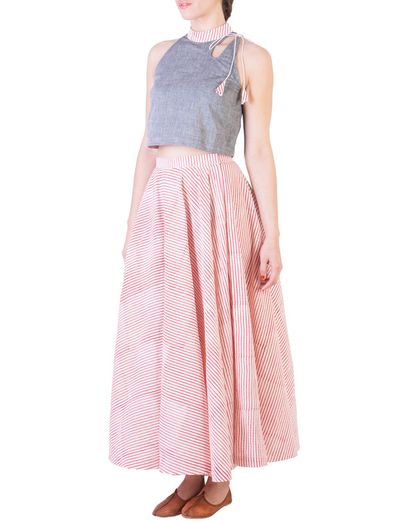 Grey mangalgiri crop top and muslin skirt with red stripes by ANS | The ...