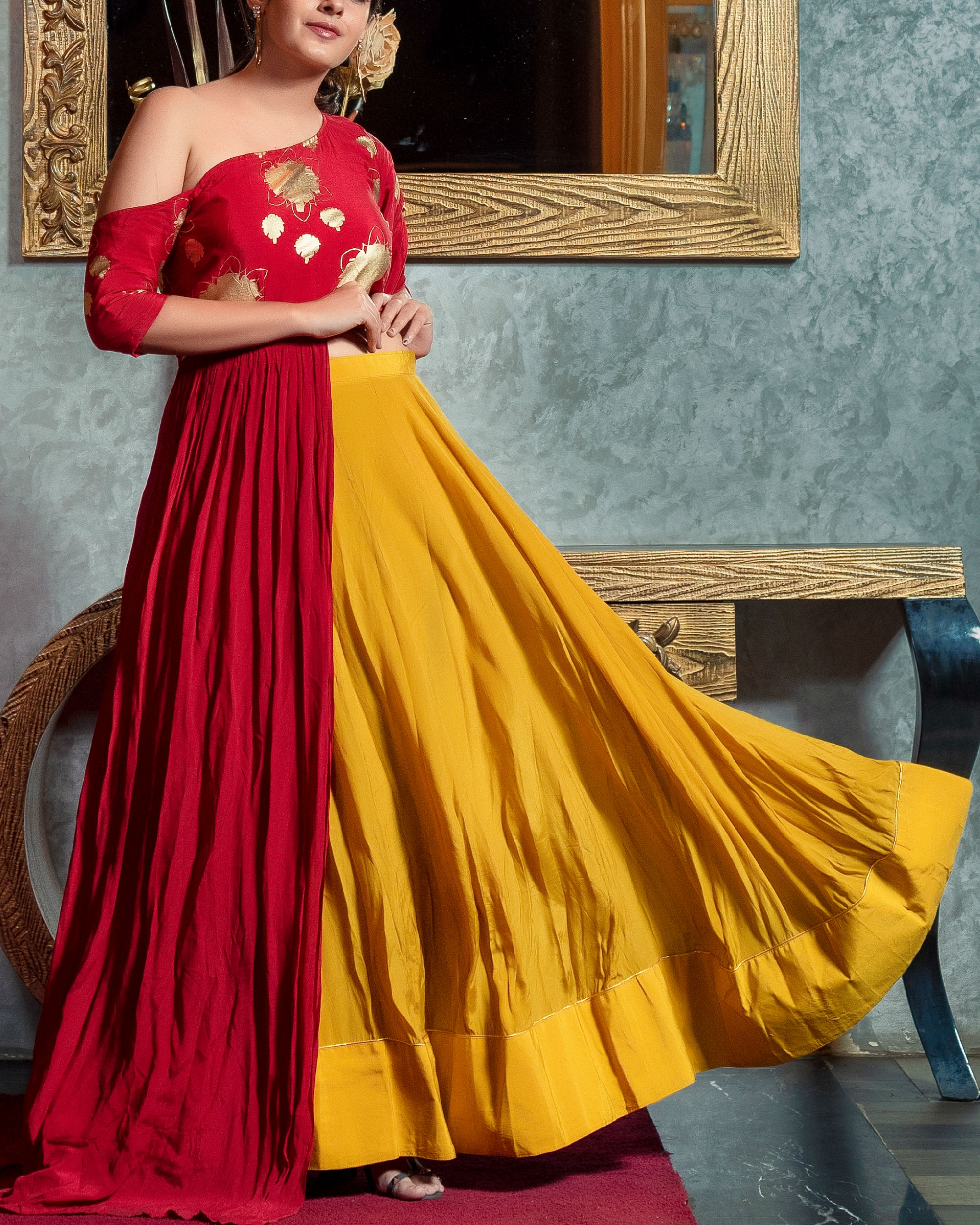 shoulder cut lehenga