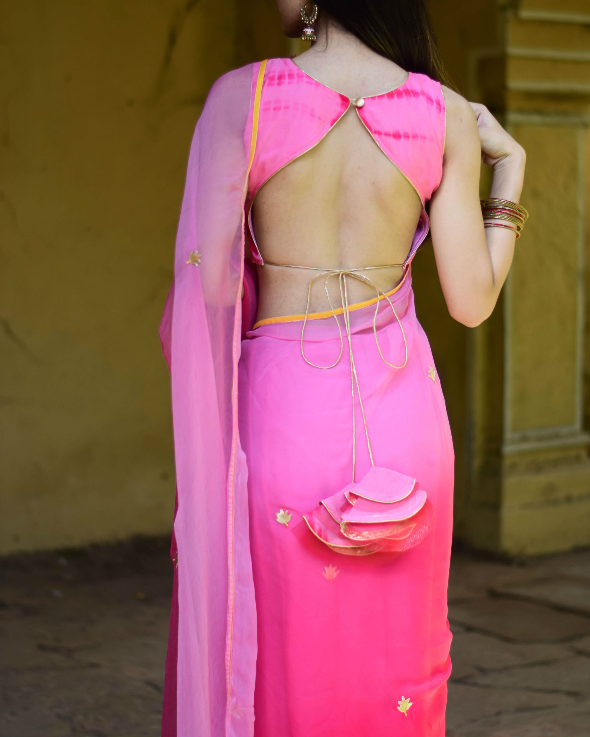 Peach lotus motif sari by Label Shivani Vyas | The Secret Label
