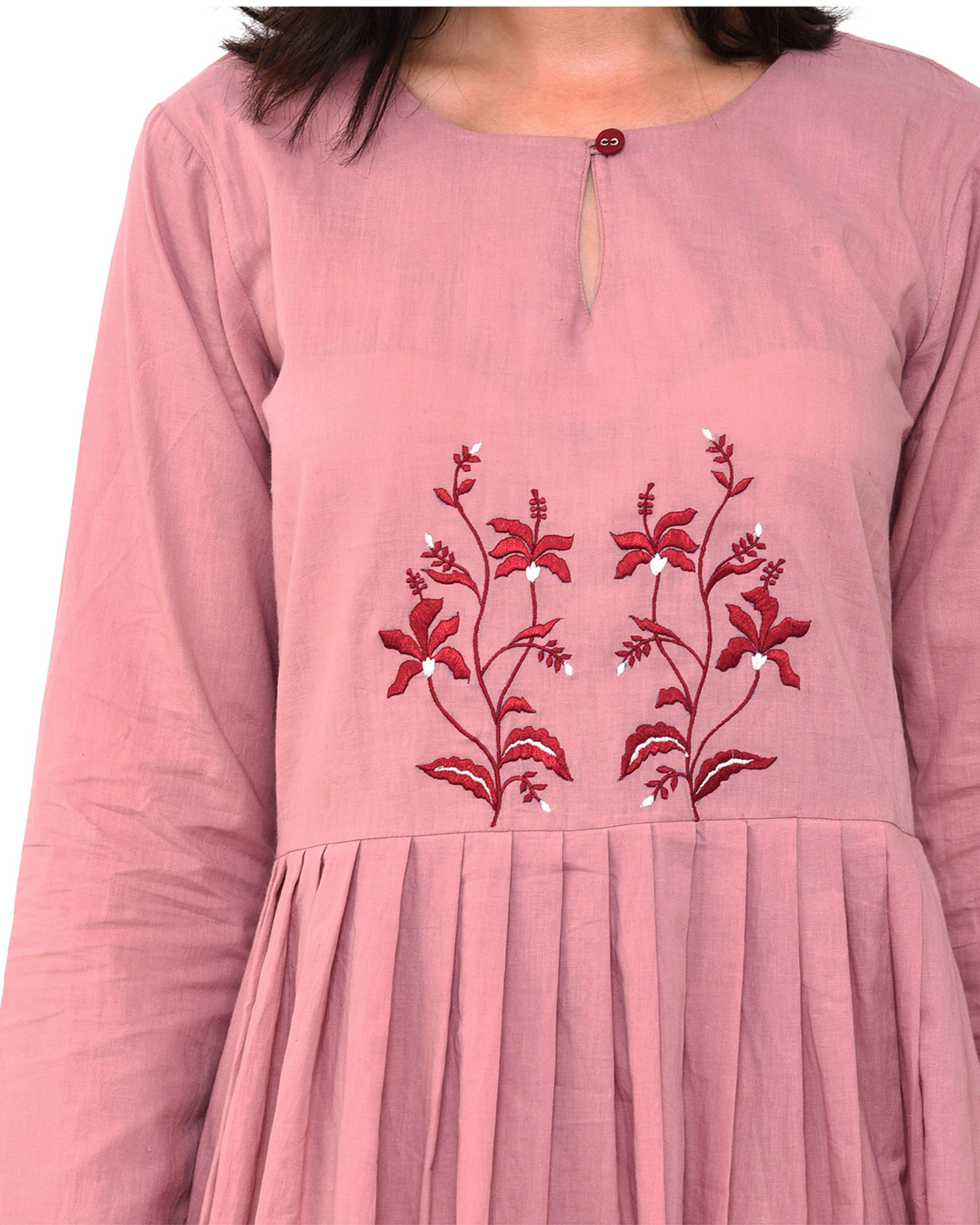 Pale blush pink embroidered pleated dress by Vritta | The Secret Label