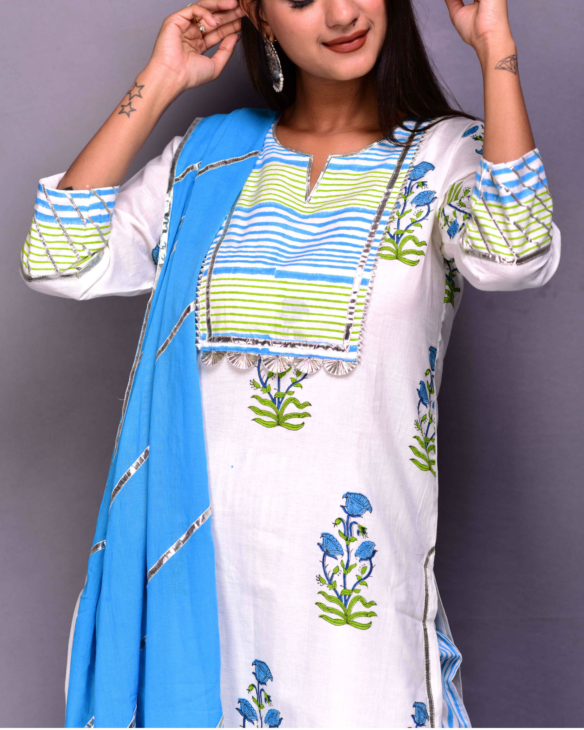 White firozi floral set with dupatta by Kiswah Clothing | The Secret Label