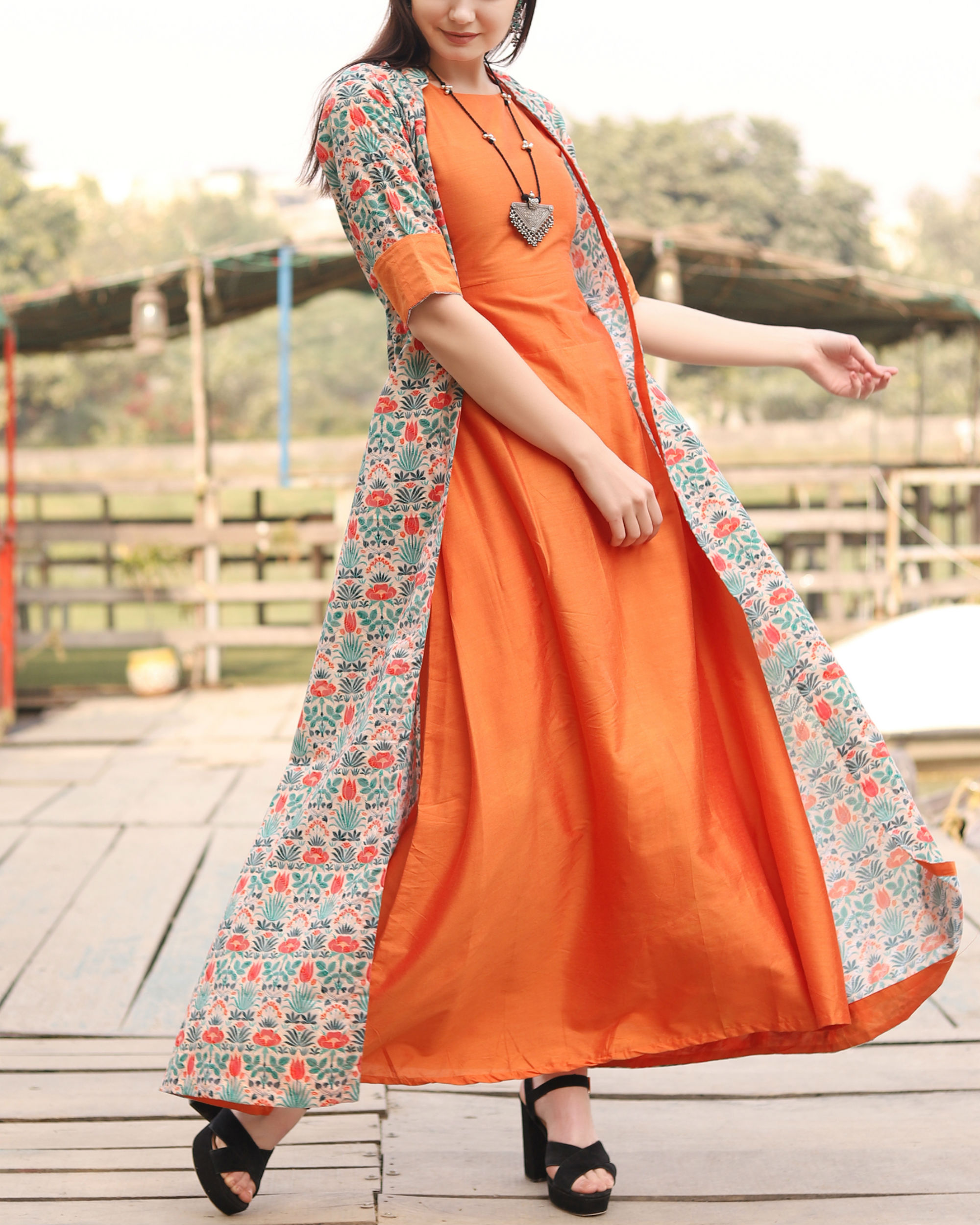 Orange floral self embroidered jacket dress by Desi Doree | The Secret ...