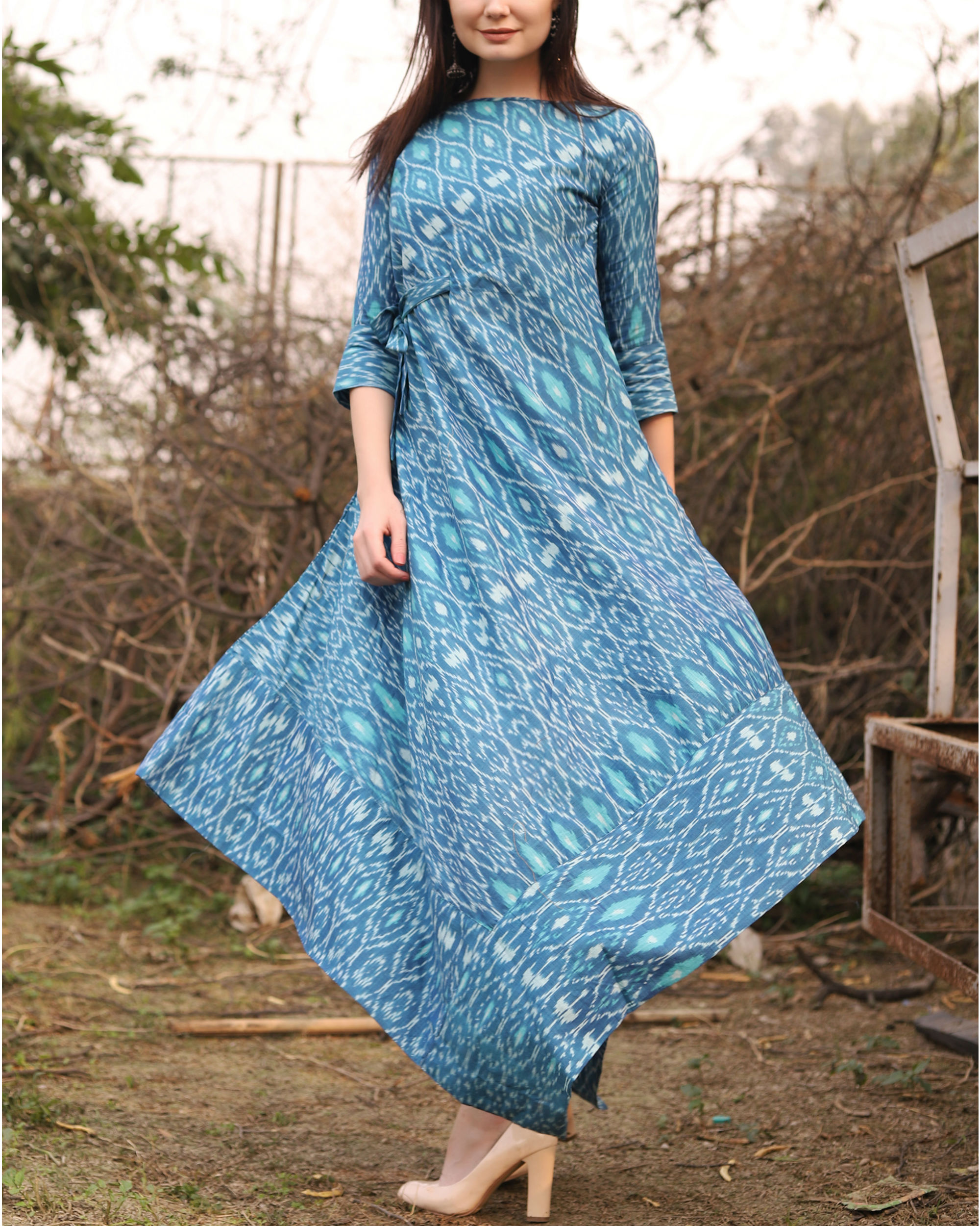Blue ikat uneven hemline dress by Desi Doree | The Secret Label
