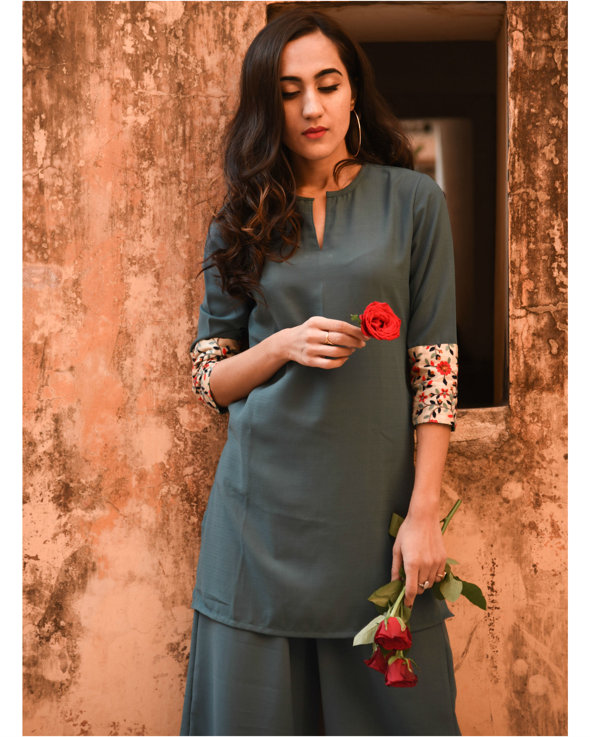Embroidered patch sleeve kurta set by Keva The Secret Label