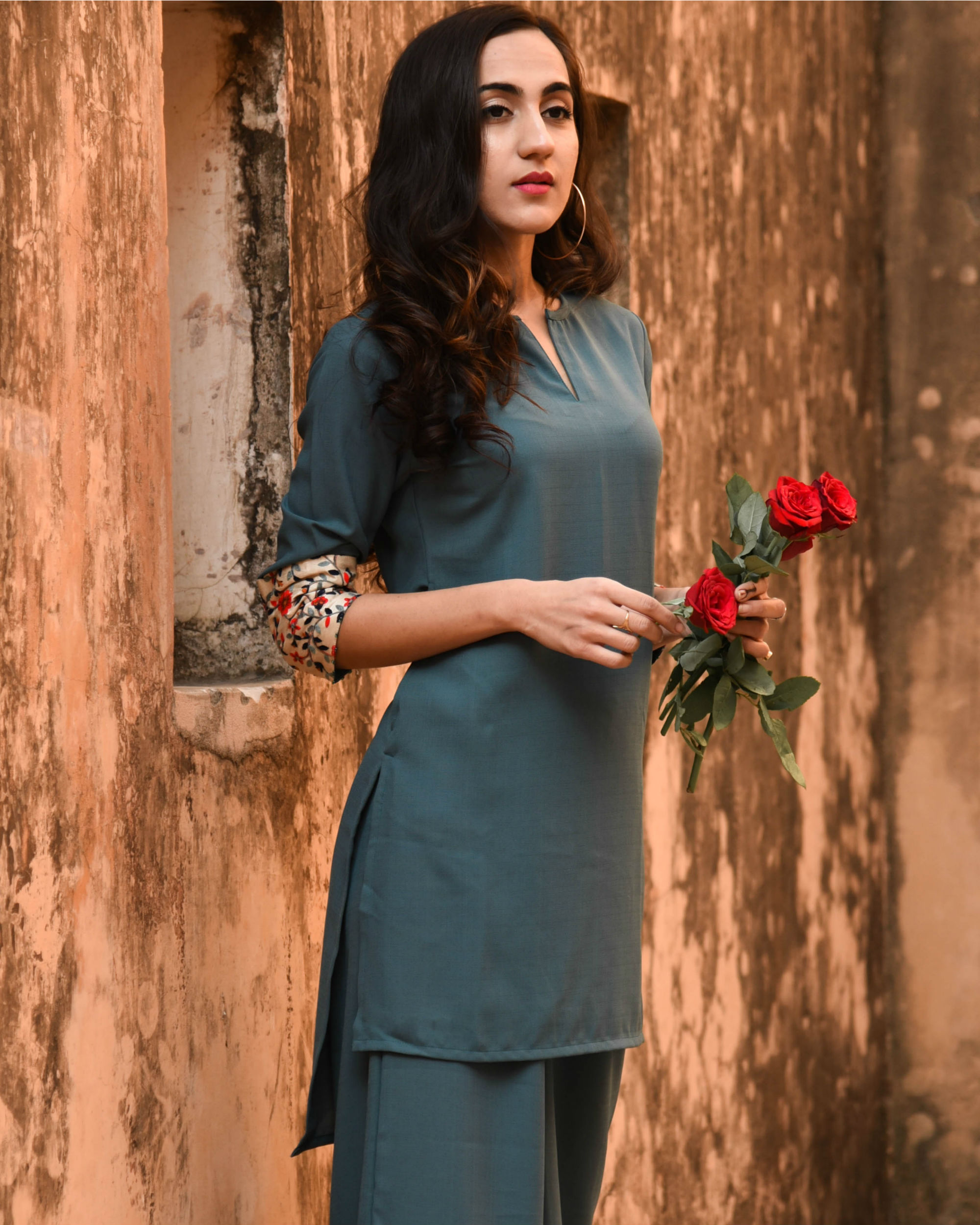 Embroidered patch sleeve kurta set by Keva The Secret Label