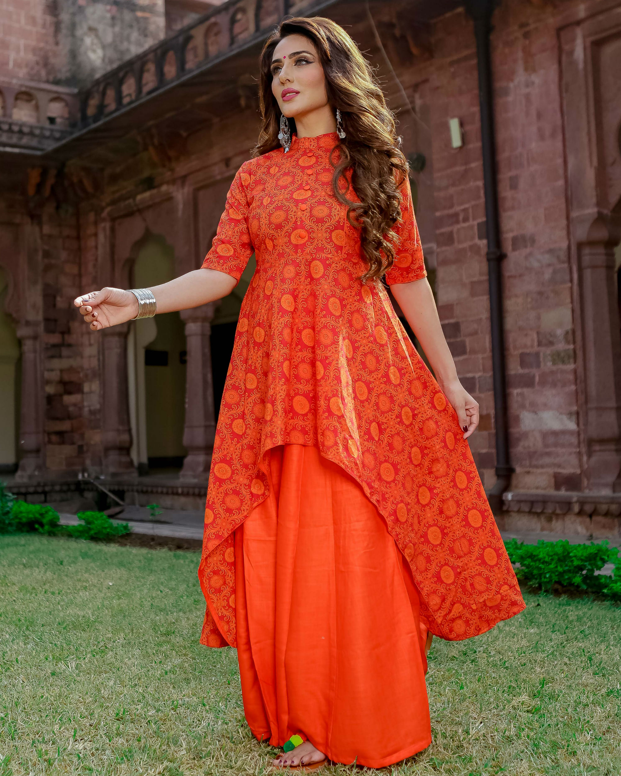 Orange high-low kurta set by Floral Tales | The Secret Label