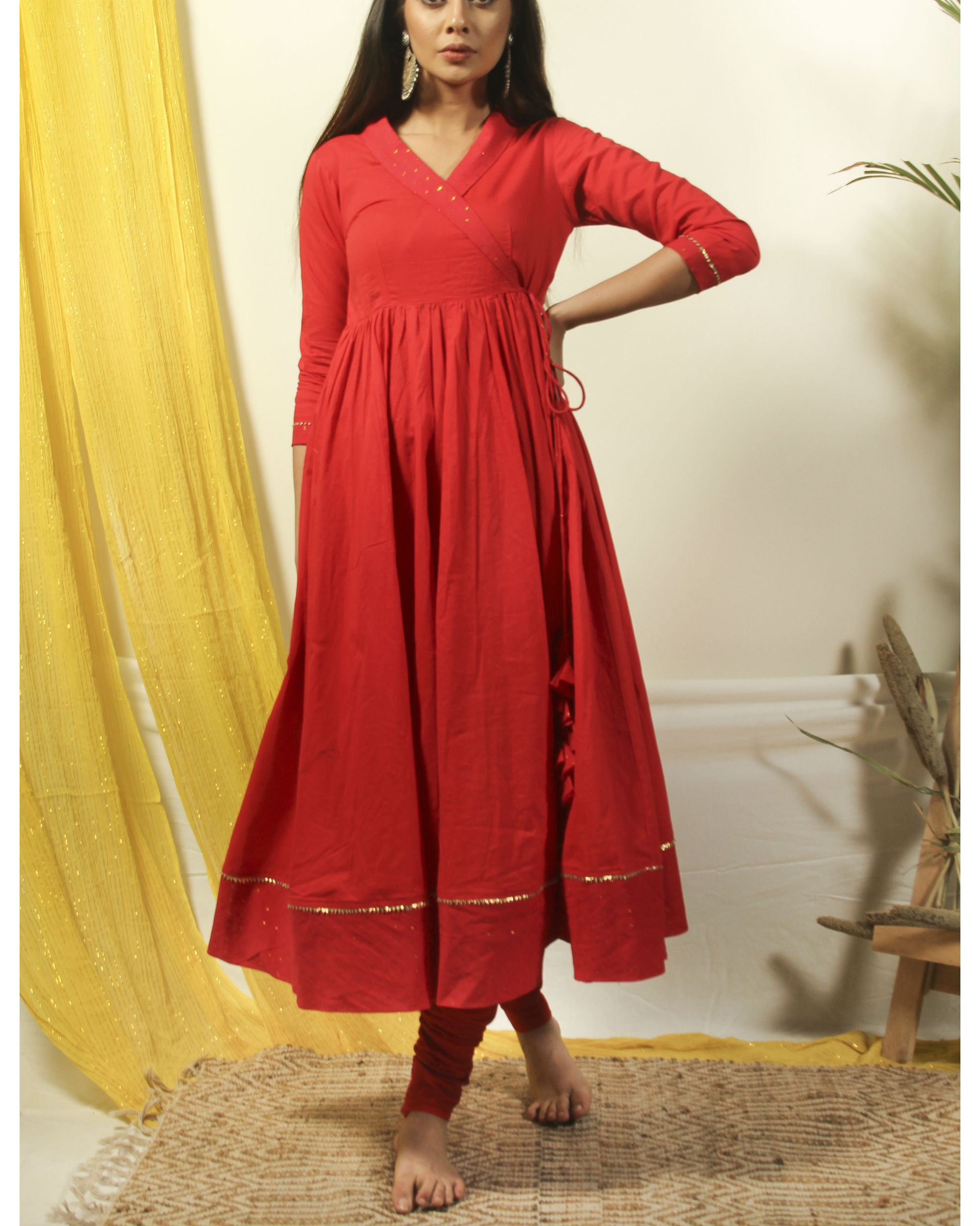 Chili red angrakha kurta churidar set by BAISE GABA | The Secret Label