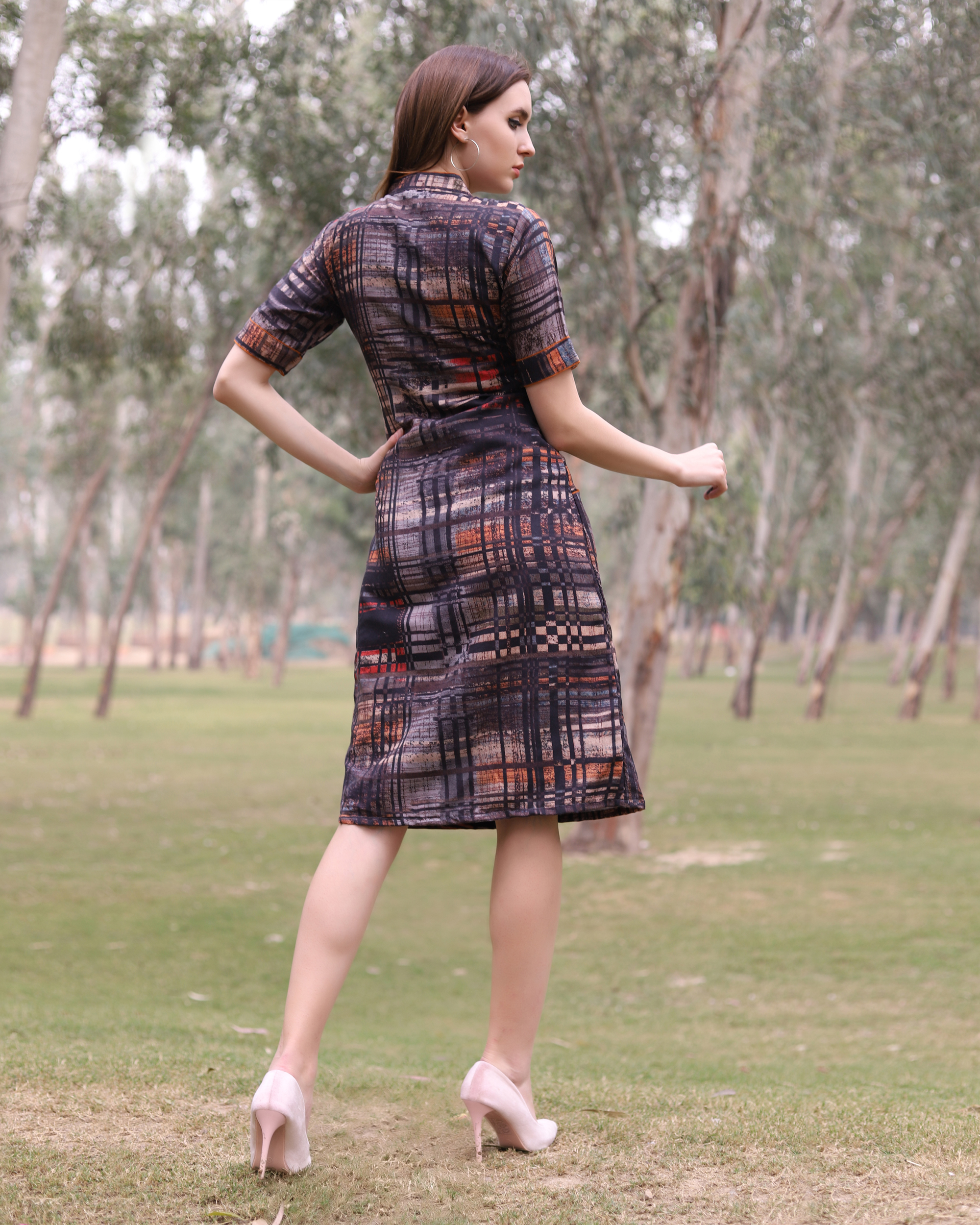 Grey abstract checks midi dress by The Weave Story | The Secret Label