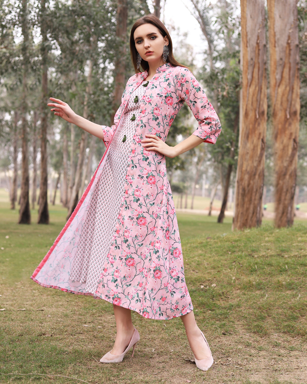 Pink floral printed jacket dress by The Weave Story | The Secret Label