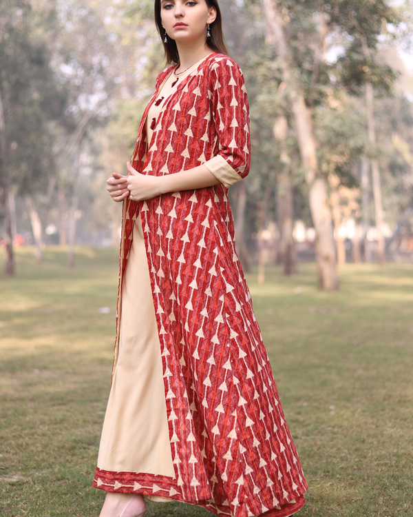 Red kantha work jacket dress by The Weave Story The Secret Label
