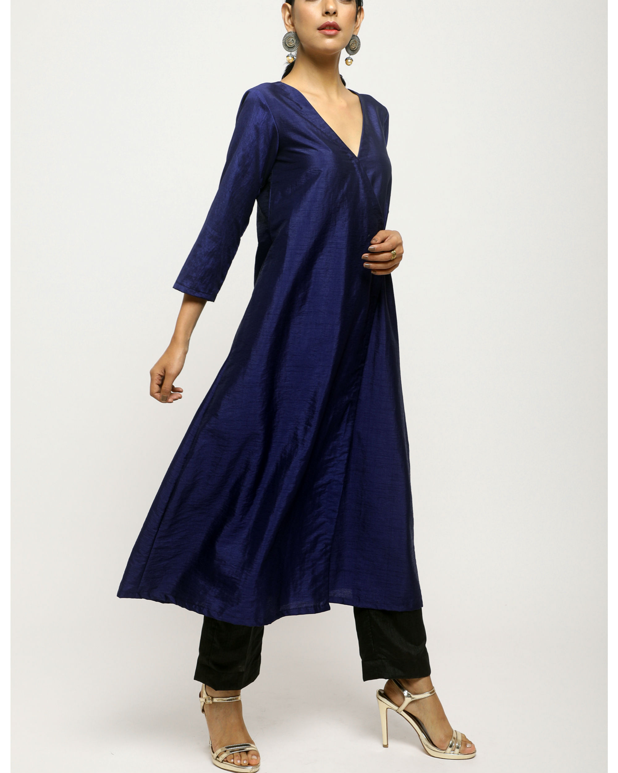 Navy blue angrakha kurta set by trueBrowns | The Secret Label