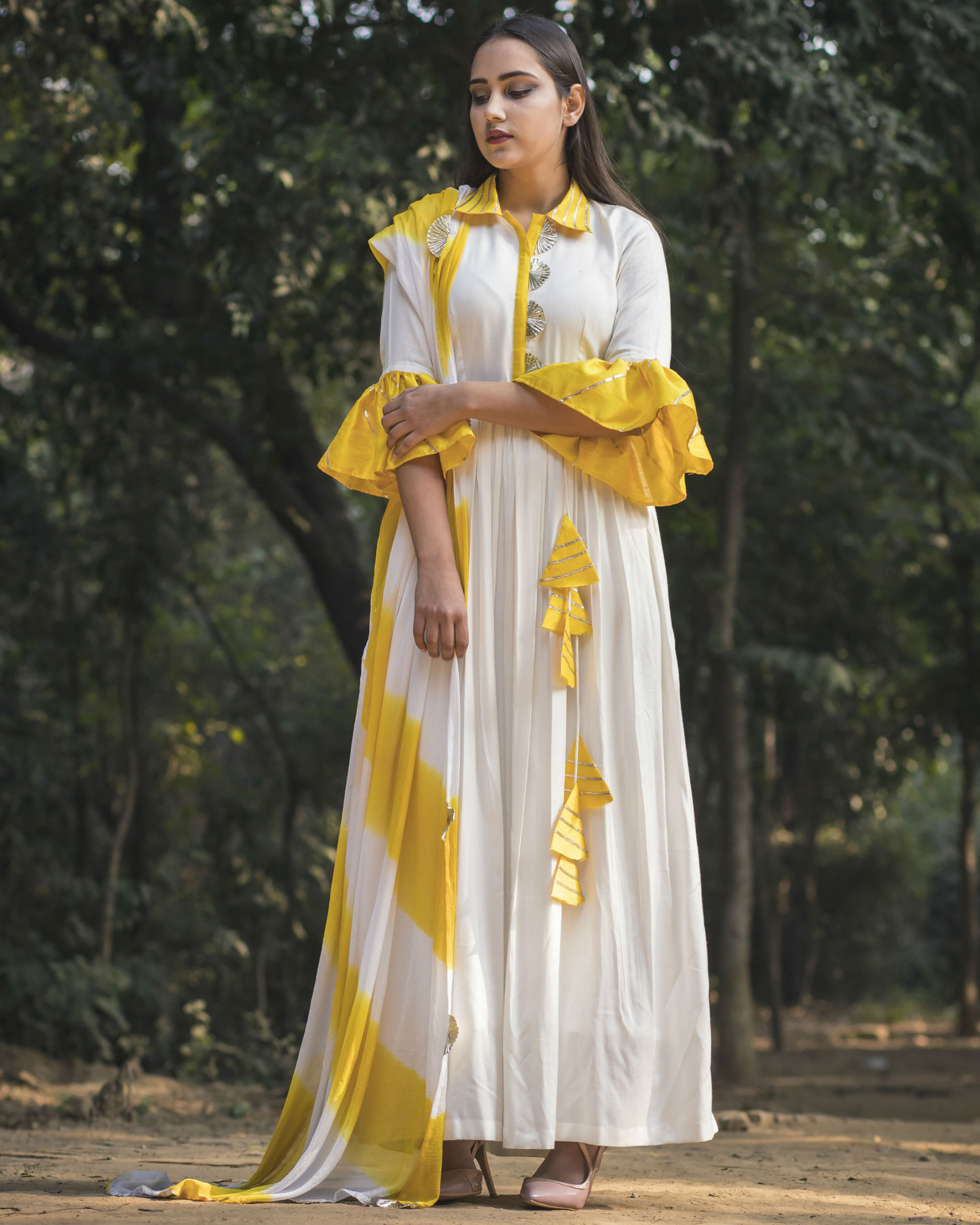 White and yellow collar anarkali with dupatta by Noor By Nikita Jain ...