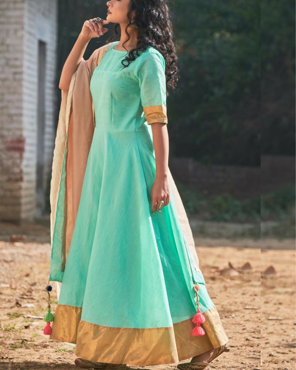 Sea green long kurta with dupatta 1