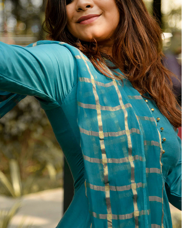 Teal blue muslin fit and flare dress 1