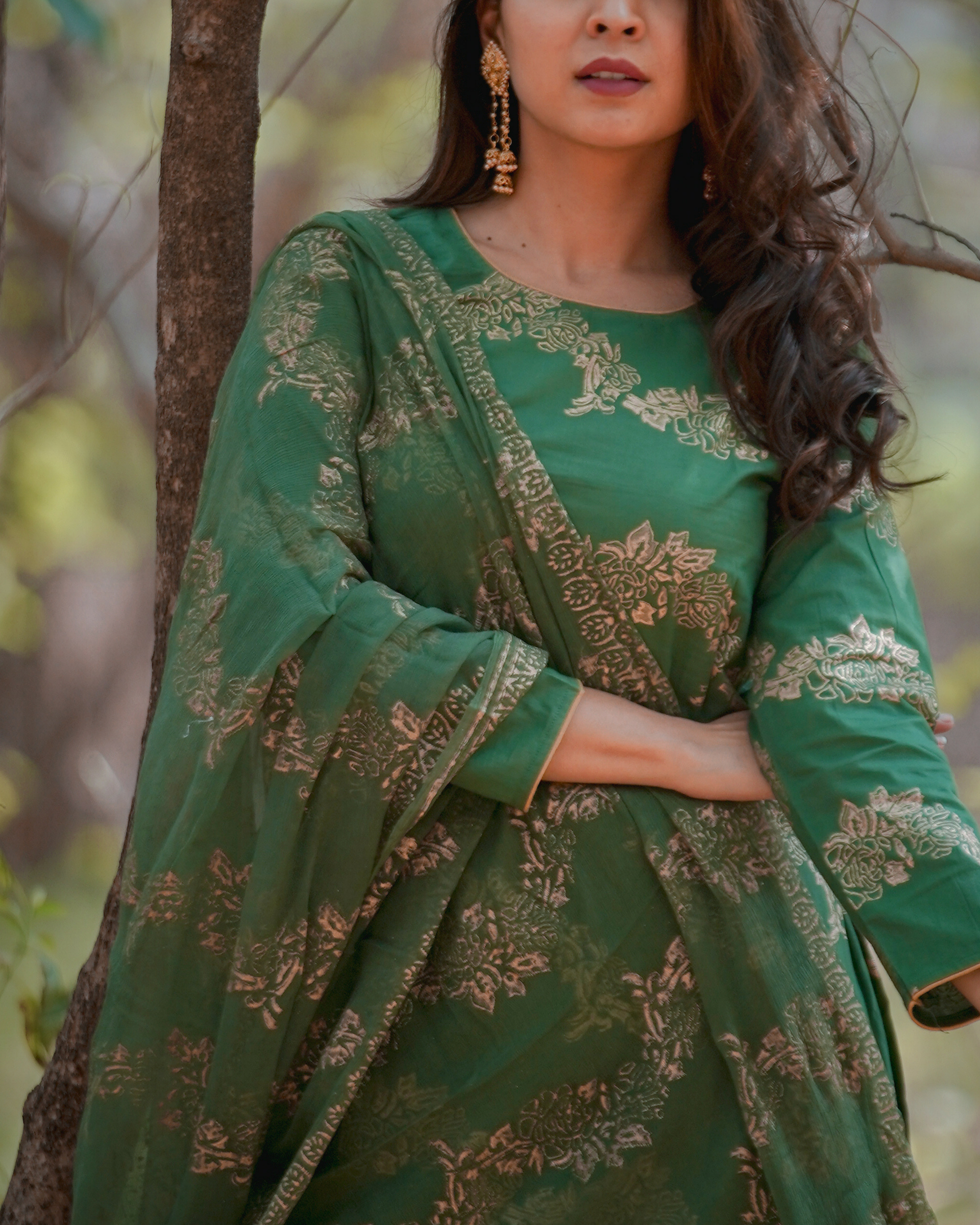 Golden printed bottle green kurta set by Lavanya The Label The Secret